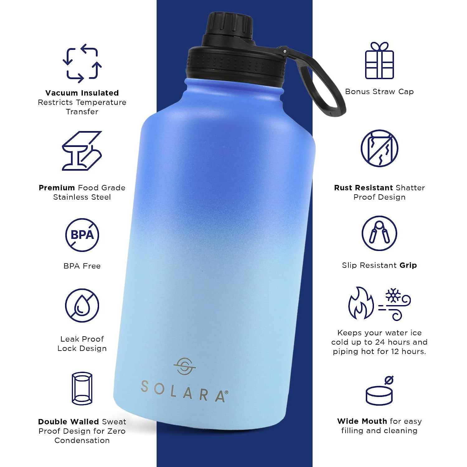 SOLARA Insulated Water Bottle 2000ml, Hot Water Bottle, Thermosteel Water Bottle for Travel, Home, Office, School, Gym, Adults, Water Bottle Hot and Cold, Sipper Bottle, Blue Wave