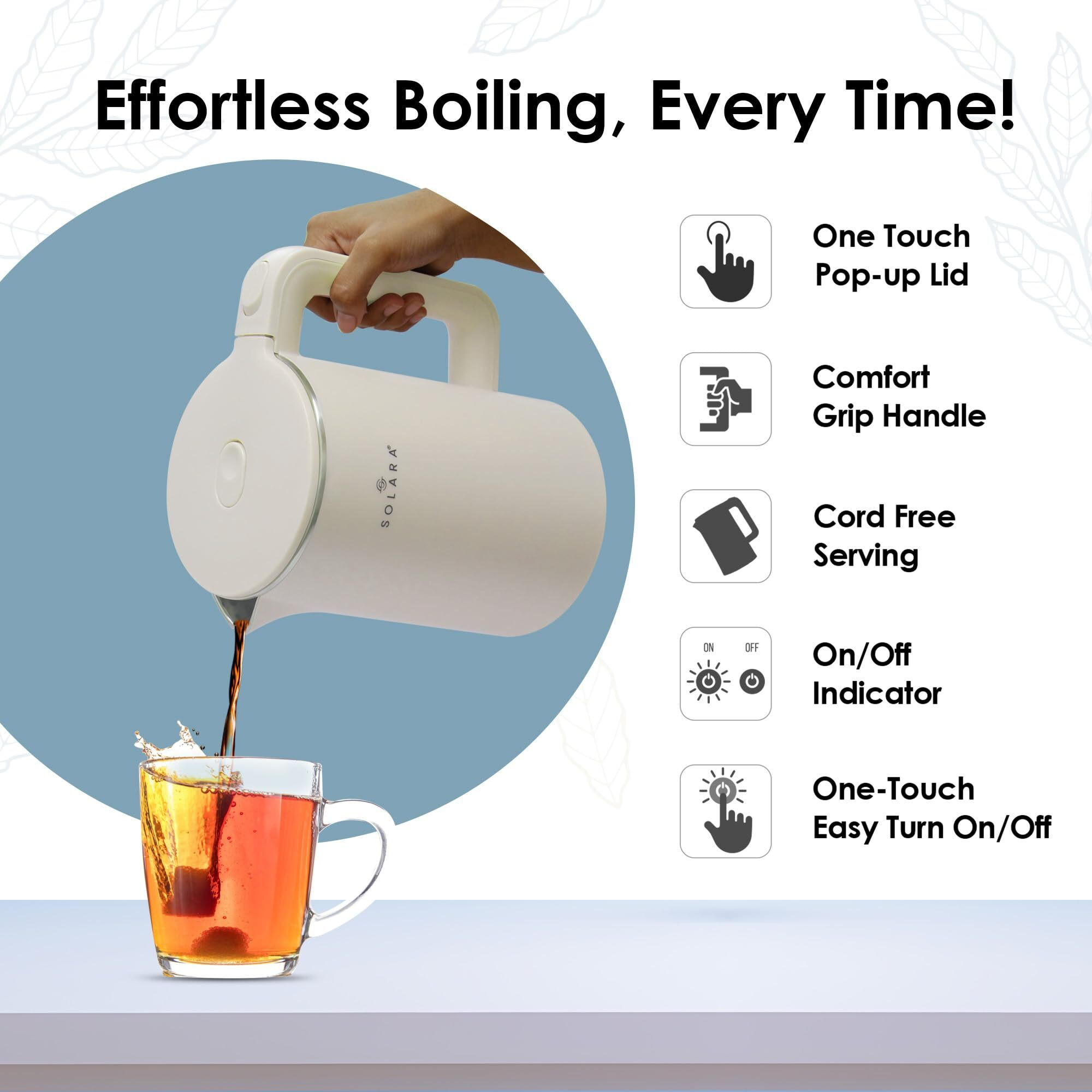 SOLARA Premium Electric Kettle Xtra Large, 1500 Watt, 1.8L Double Wall 100% Stainless Steel, BPA-Free, Cool Touch Tea Kettle with Overheating Protection, Cordless with Auto Shut-Off, Ivory White