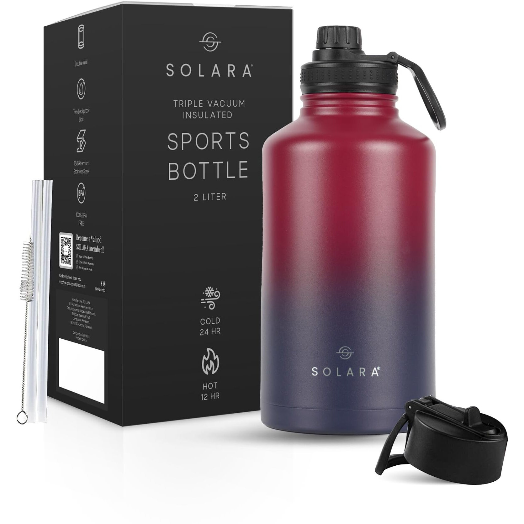 SOLARA Insulated Water Bottle 2000ml, Hot Water Bottle, Thermosteel Water Bottle for Travel, Home, Office, School, Gym, Adults, Water Bottle Hot and Cold, Sipper Bottle, Dark Intentions