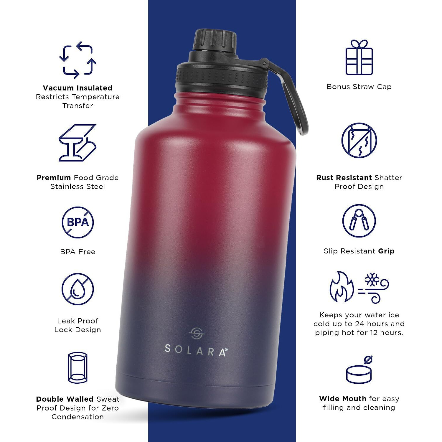 SOLARA Insulated Water Bottle 2000ml, Hot Water Bottle, Thermosteel Water Bottle for Travel, Home, Office, School, Gym, Adults, Water Bottle Hot and Cold, Sipper Bottle, Dark Intentions