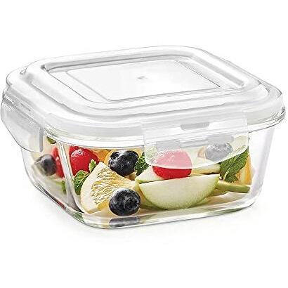 Borosil Klip N Store Glass Storage Container For Kitchen With Air-Tight Lid, Microwave & Oven Safe, Square, 800 ml, Clear
