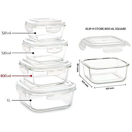 Borosil Klip N Store Glass Storage Container For Kitchen With Air-Tight Lid, Microwave & Oven Safe, Square, 800 ml, Clear