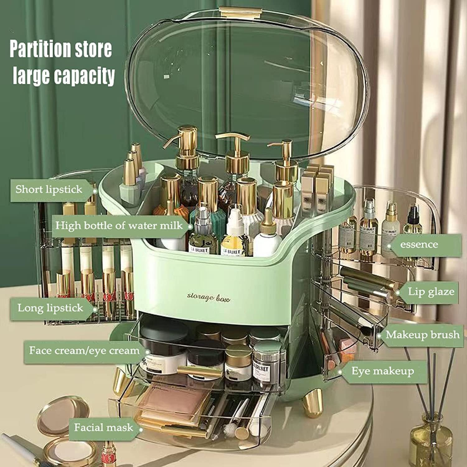 Dravizon Portable Light Luxury Series Multi-Function Makeup Box Dustproof Cosmetic Storage Box,Cosmetics Skin Care Products Jewelry Organizer Case Lipstick Box (Green) Large 34x30x20 cm