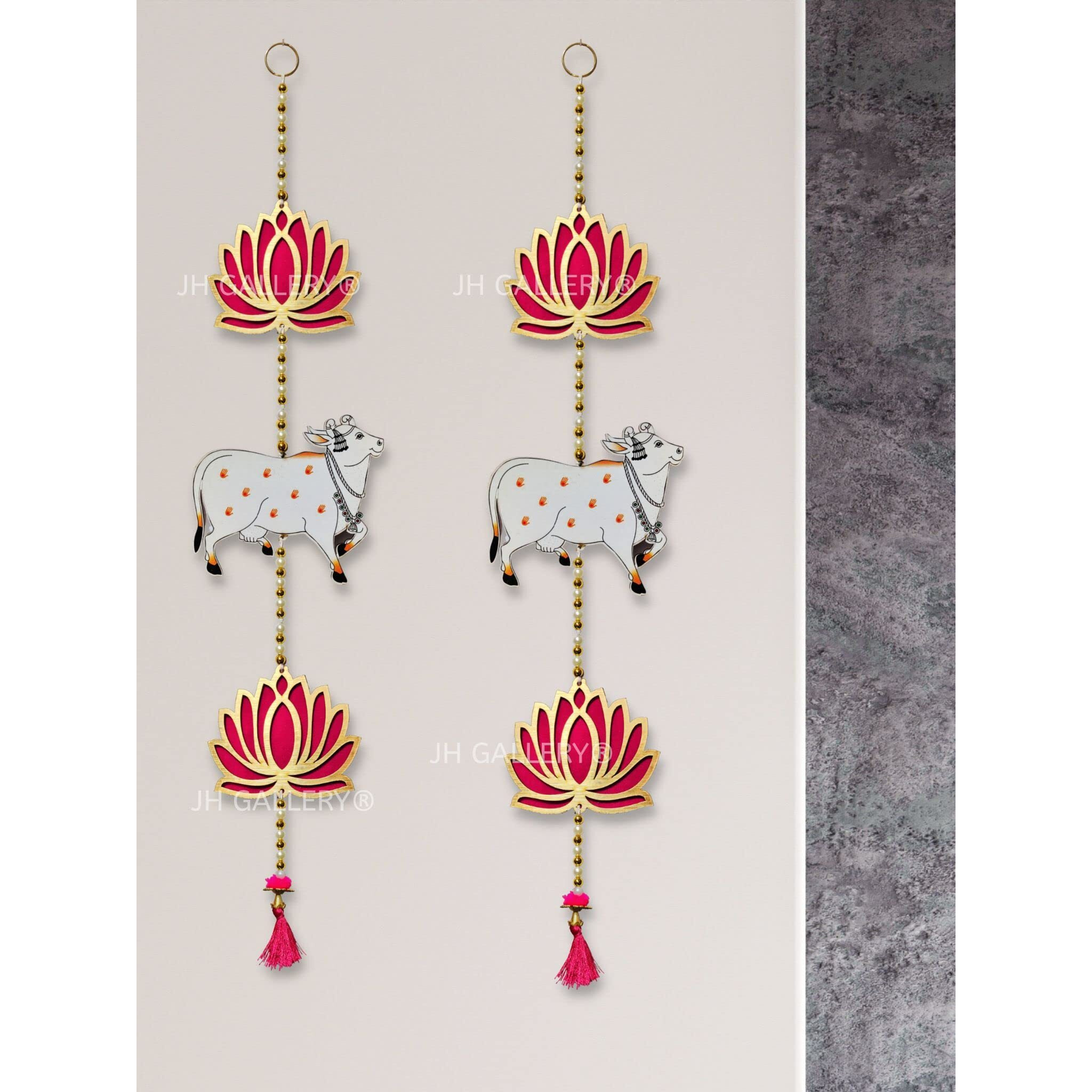JH Gallery Lotus Hangings for Decoration/Floral Pichwai Cow Wall Hangings for Temple Decor, Diwali Decoration Items (26 Inches Height - 1 Pair, Multi-Coloured)