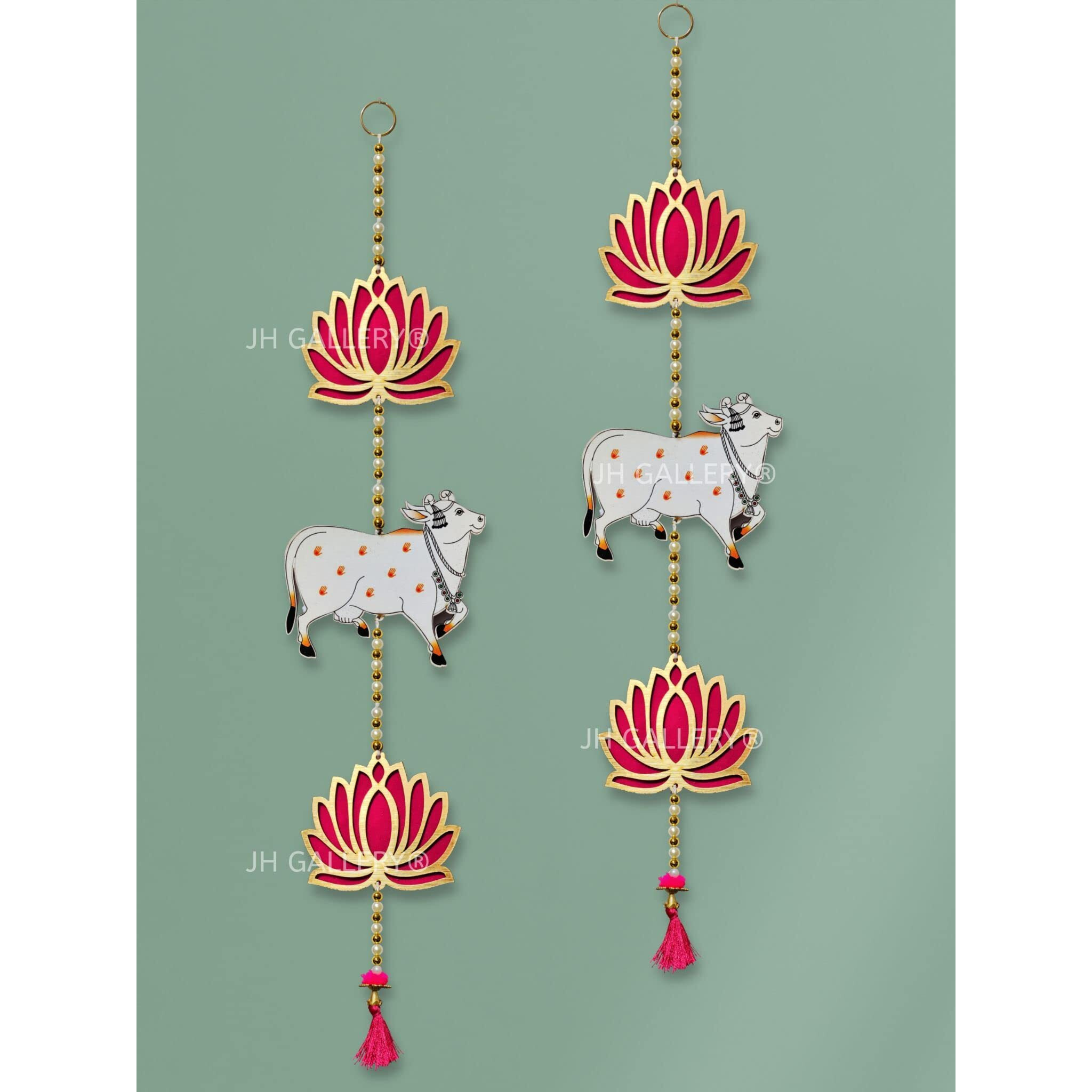 JH Gallery Lotus Hangings for Decoration/Floral Pichwai Cow Wall Hangings for Temple Decor, Diwali Decoration Items (26 Inches Height - 1 Pair, Multi-Coloured)