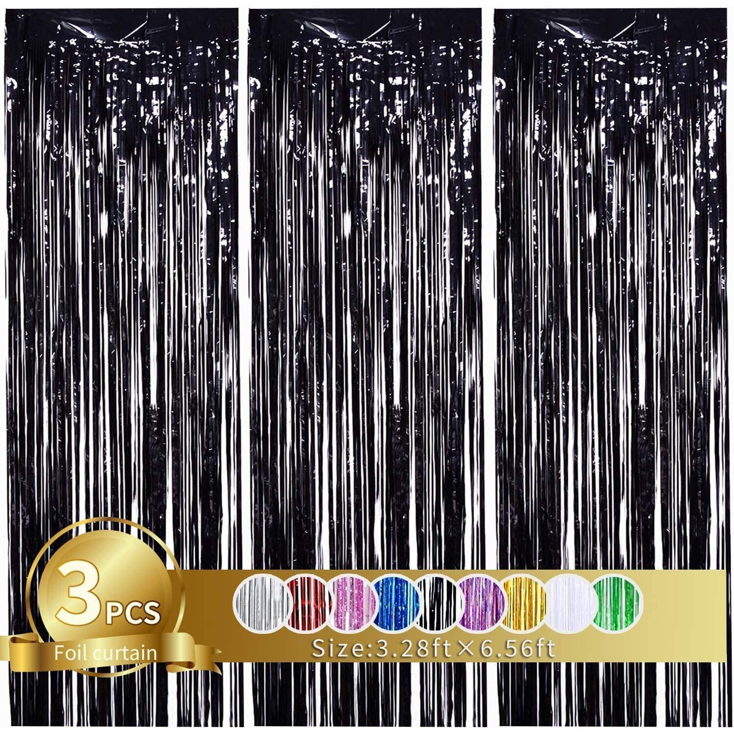 Propsicle 3 pcs 3ftx6ft Metal Black Foil Fringe Curtains Shimmer Backdrop Happy Birthday Party, Anniversary, Bachelorette, Baby Shower, Bridal Shower Decoration Item - Pack of 3