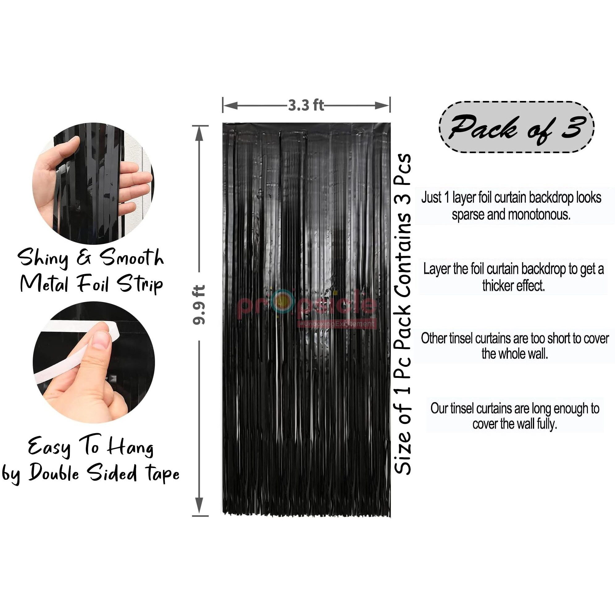 Propsicle 3 pcs 3ftx6ft Metal Black Foil Fringe Curtains Shimmer Backdrop Happy Birthday Party, Anniversary, Bachelorette, Baby Shower, Bridal Shower Decoration Item - Pack of 3