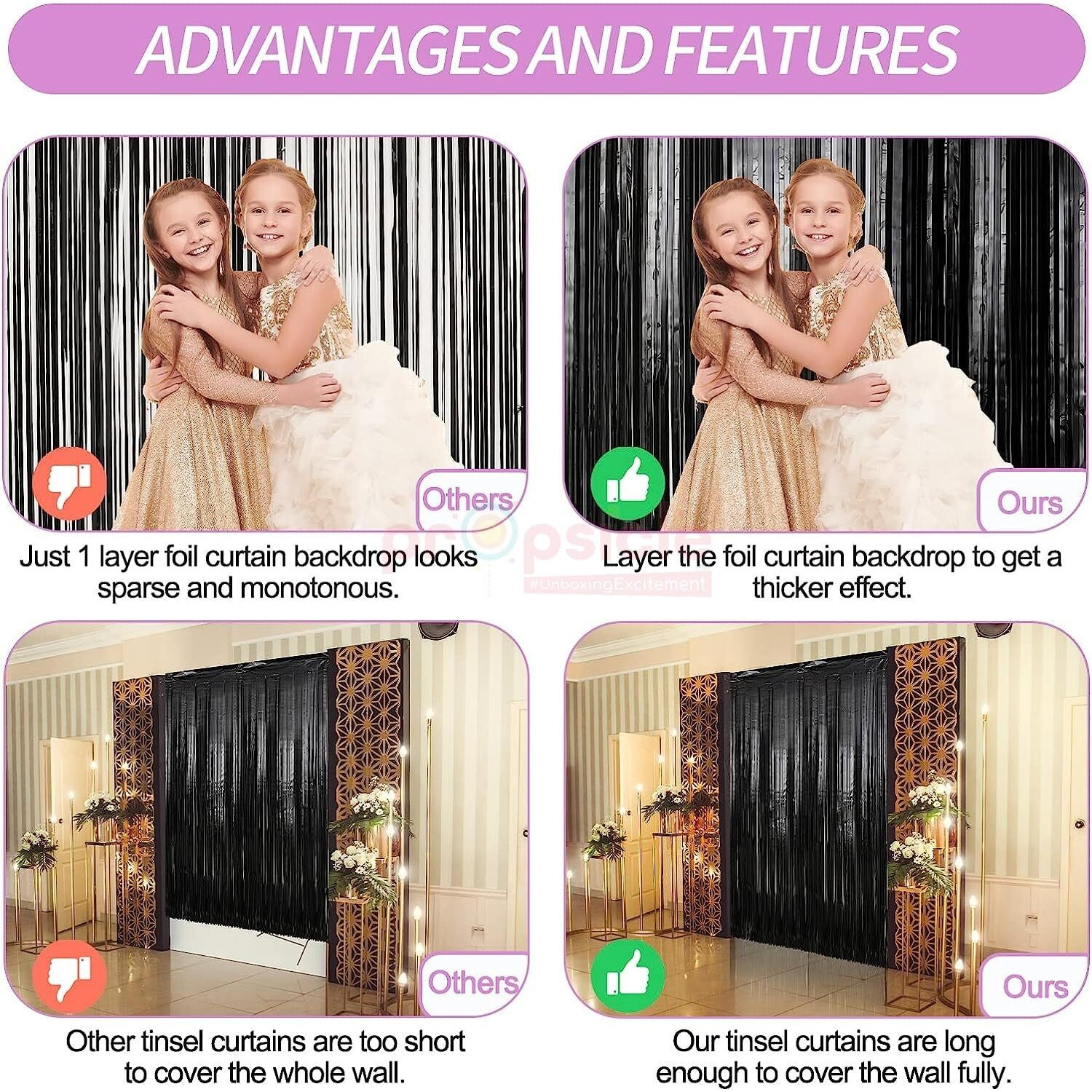 Propsicle 3 pcs 3ftx6ft Metal Black Foil Fringe Curtains Shimmer Backdrop Happy Birthday Party, Anniversary, Bachelorette, Baby Shower, Bridal Shower Decoration Item - Pack of 3