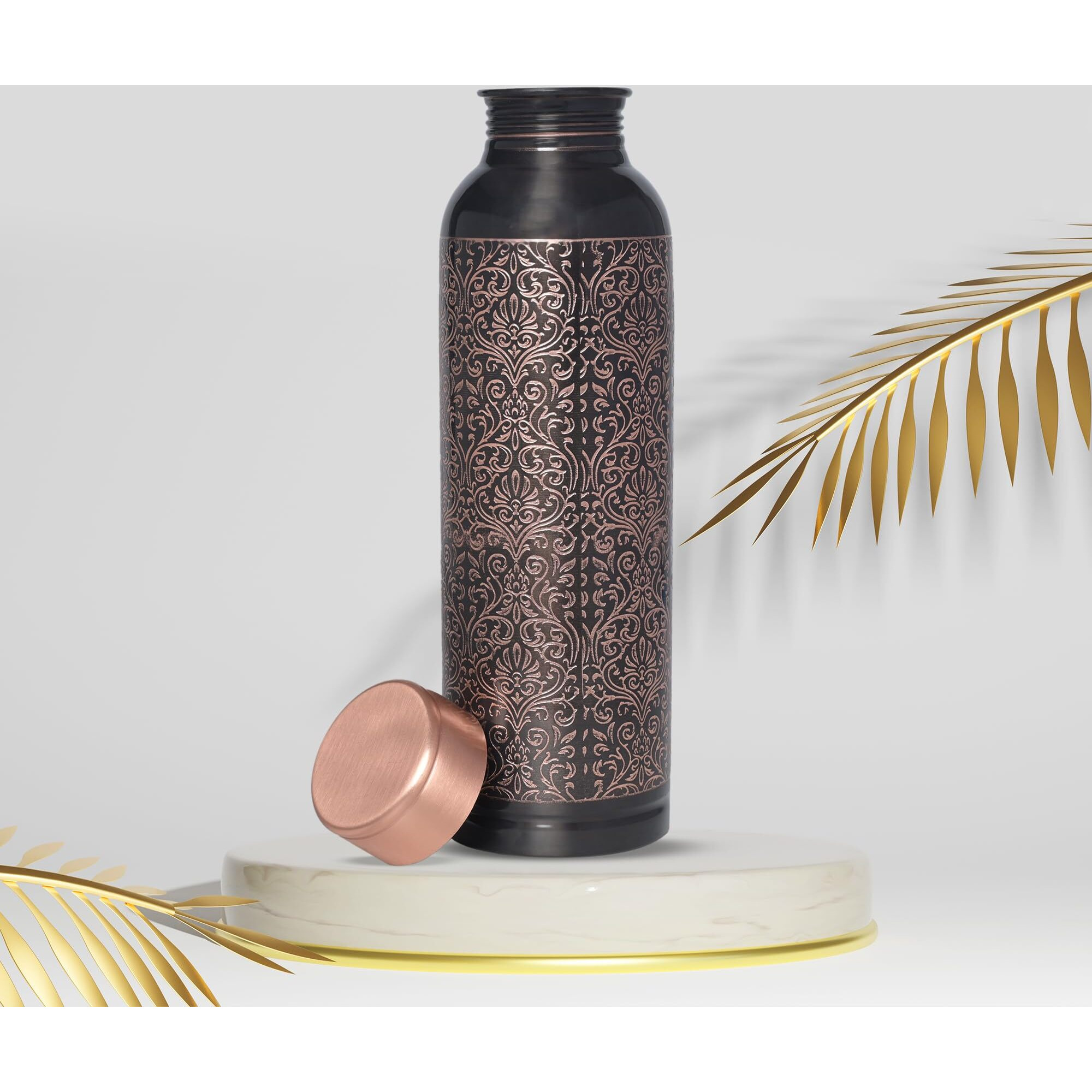 Di Decorative India Premium Copper Carving Water Bottle With Black Antique Design Glossy Finish 1000Ml Joint Free And Leak Proof Bottle For Ayurvedic Health Benefits Yoga (Copper)