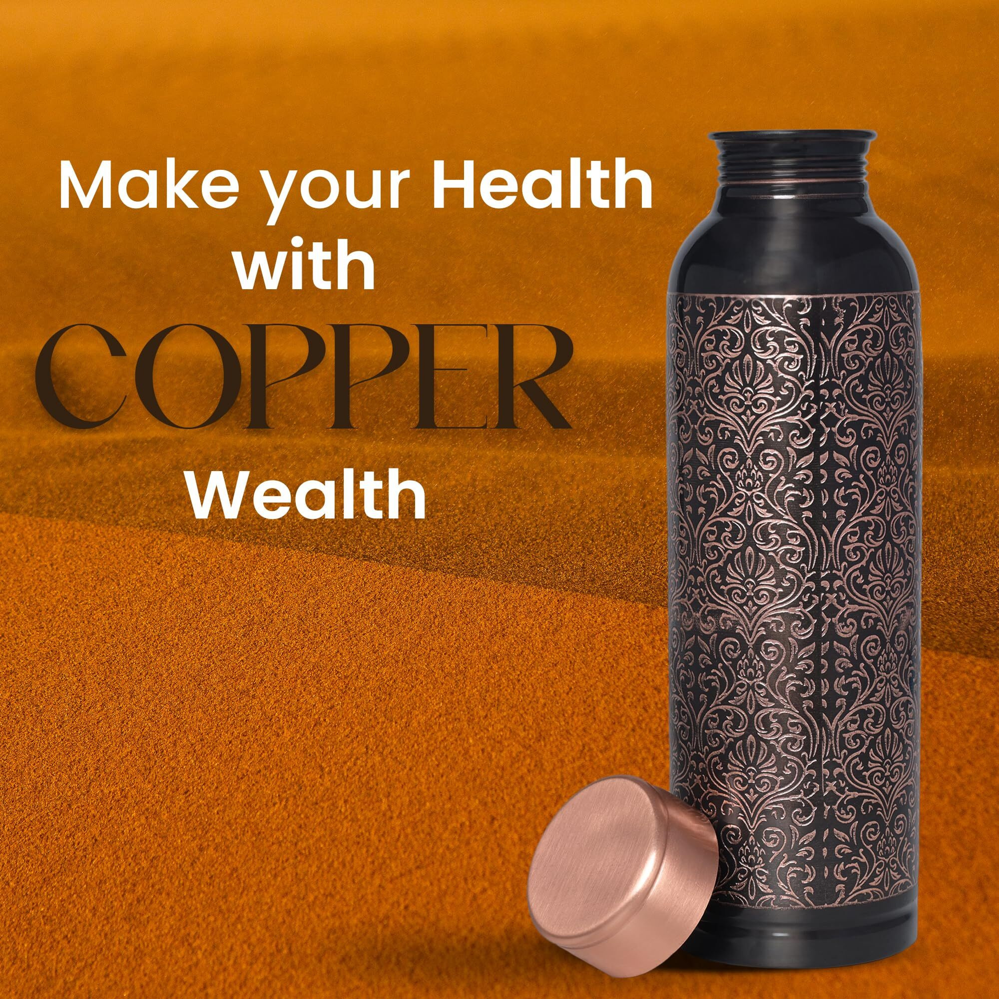 Di Decorative India Premium Copper Carving Water Bottle With Black Antique Design Glossy Finish 1000Ml Joint Free And Leak Proof Bottle For Ayurvedic Health Benefits Yoga (Copper)