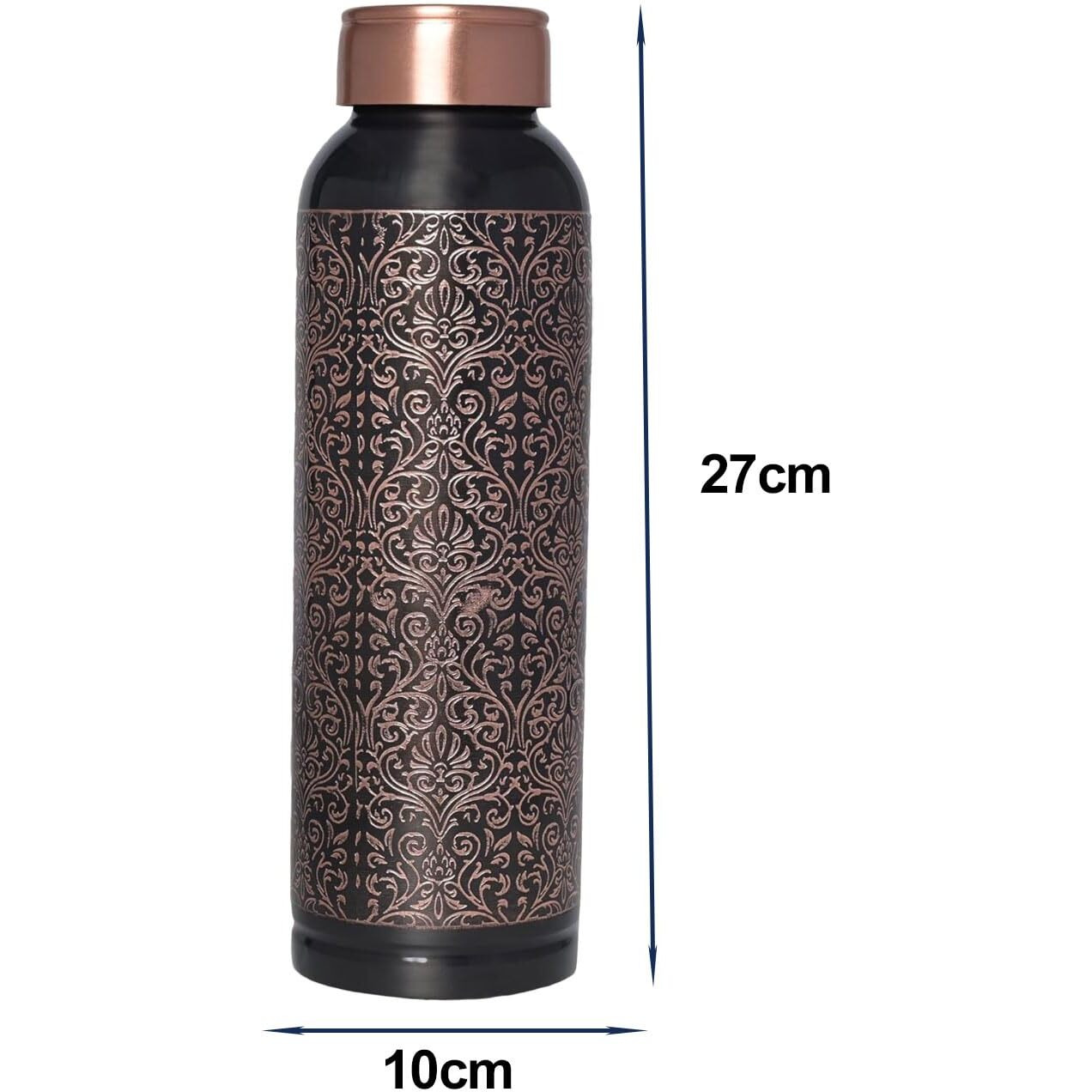 Di Decorative India Premium Copper Carving Water Bottle With Black Antique Design Glossy Finish 1000Ml Joint Free And Leak Proof Bottle For Ayurvedic Health Benefits Yoga (Copper)