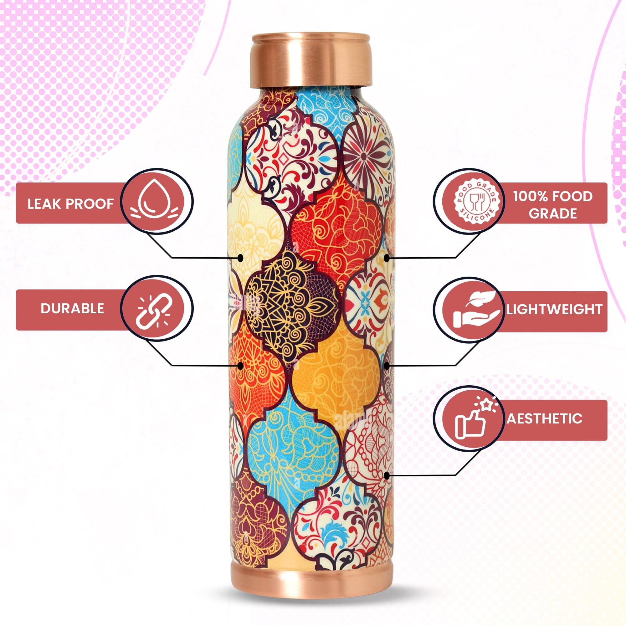 Decorative India Copper 1 Litre Water Bottle With Leak and Rust Proof Protection for Home and Office Use Ayurveda and Yoga Health Benefits Bottle (Gray)