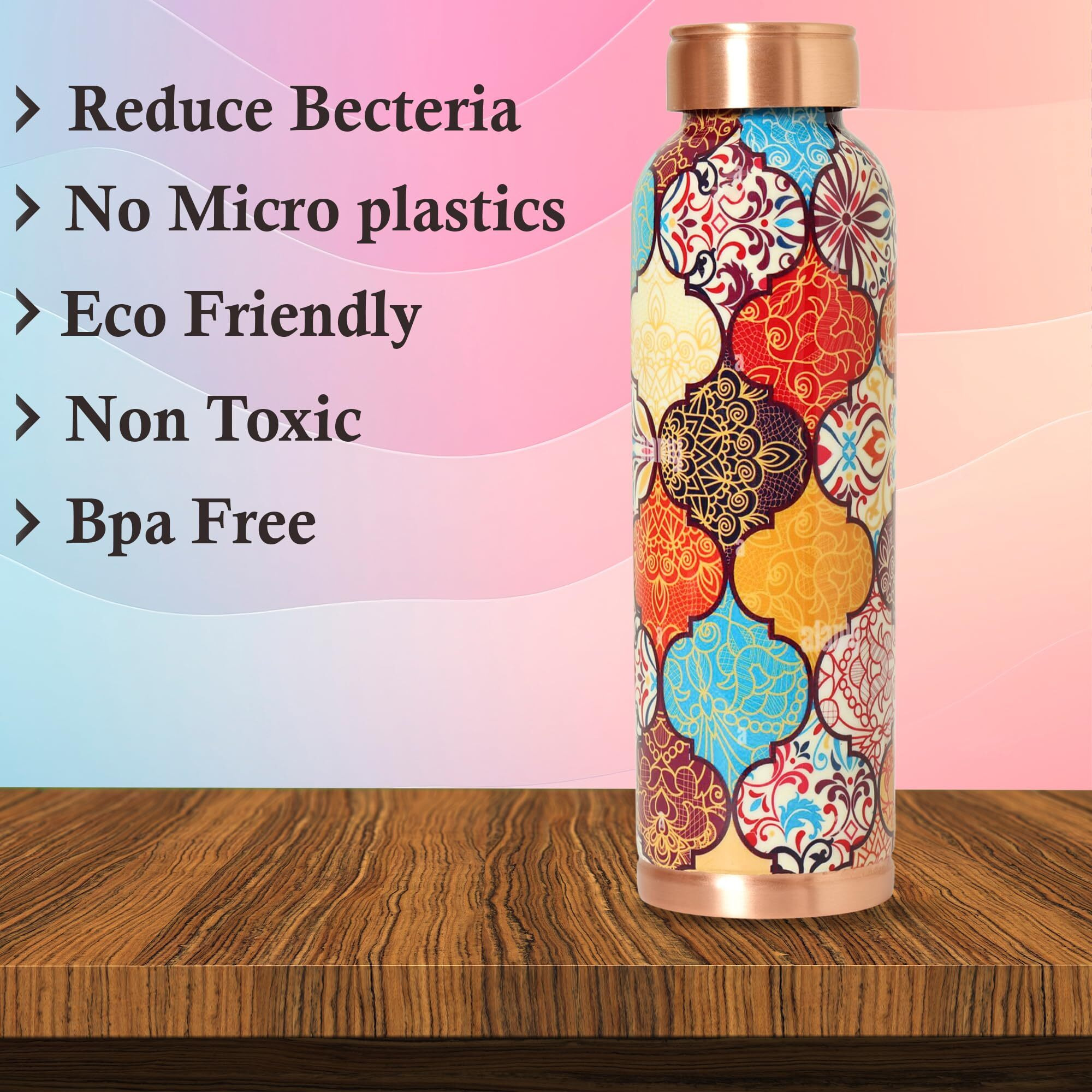 Decorative India Copper 1 Litre Water Bottle With Leak and Rust Proof Protection for Home and Office Use Ayurveda and Yoga Health Benefits Bottle (Gray)