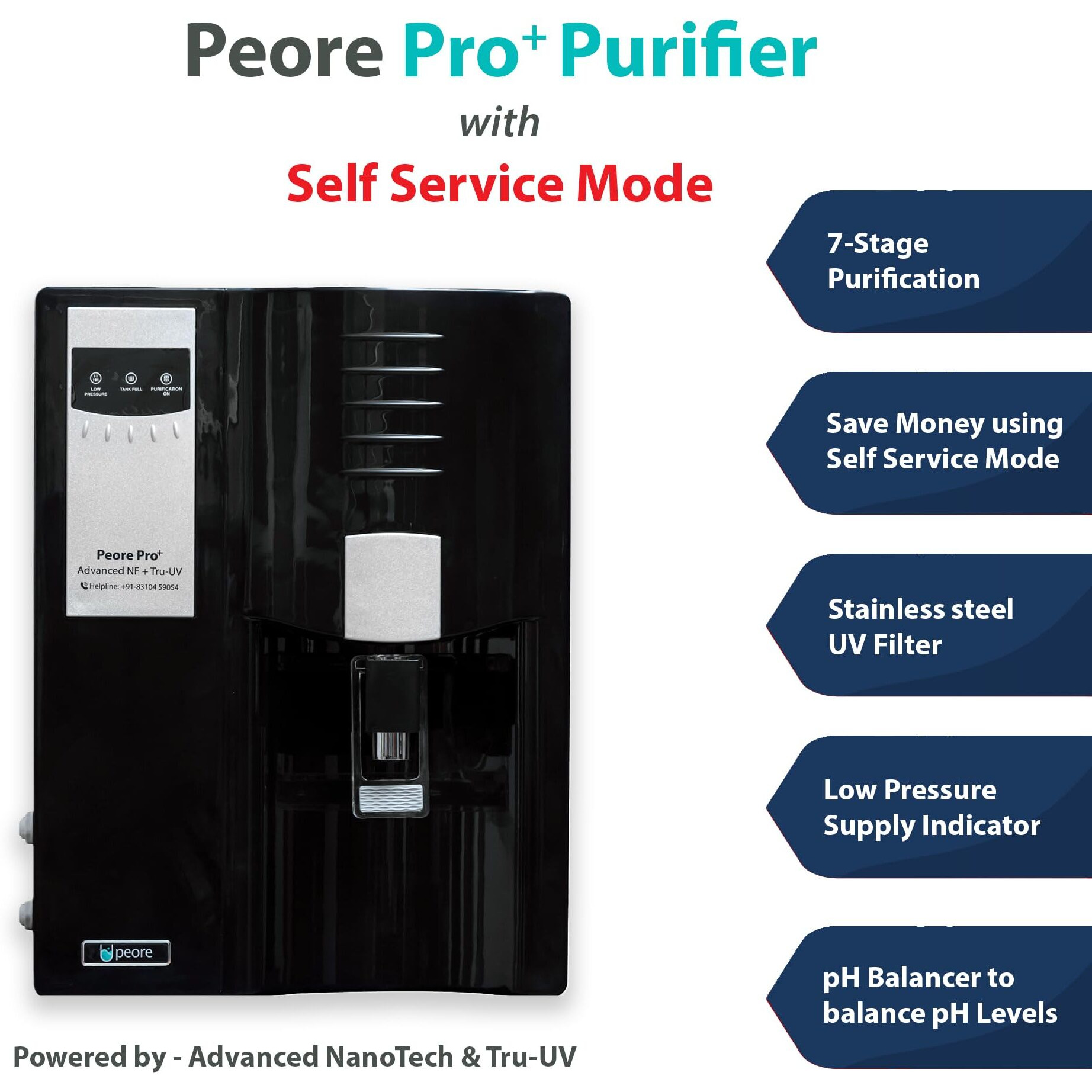 Peore Pro Plus-40 NF + UV Water Purifier | Retains Healthy Minerals and Saves Water | NanoFiltration Better than RO | Self Service Mode | Black (For TDS 200 to 350)