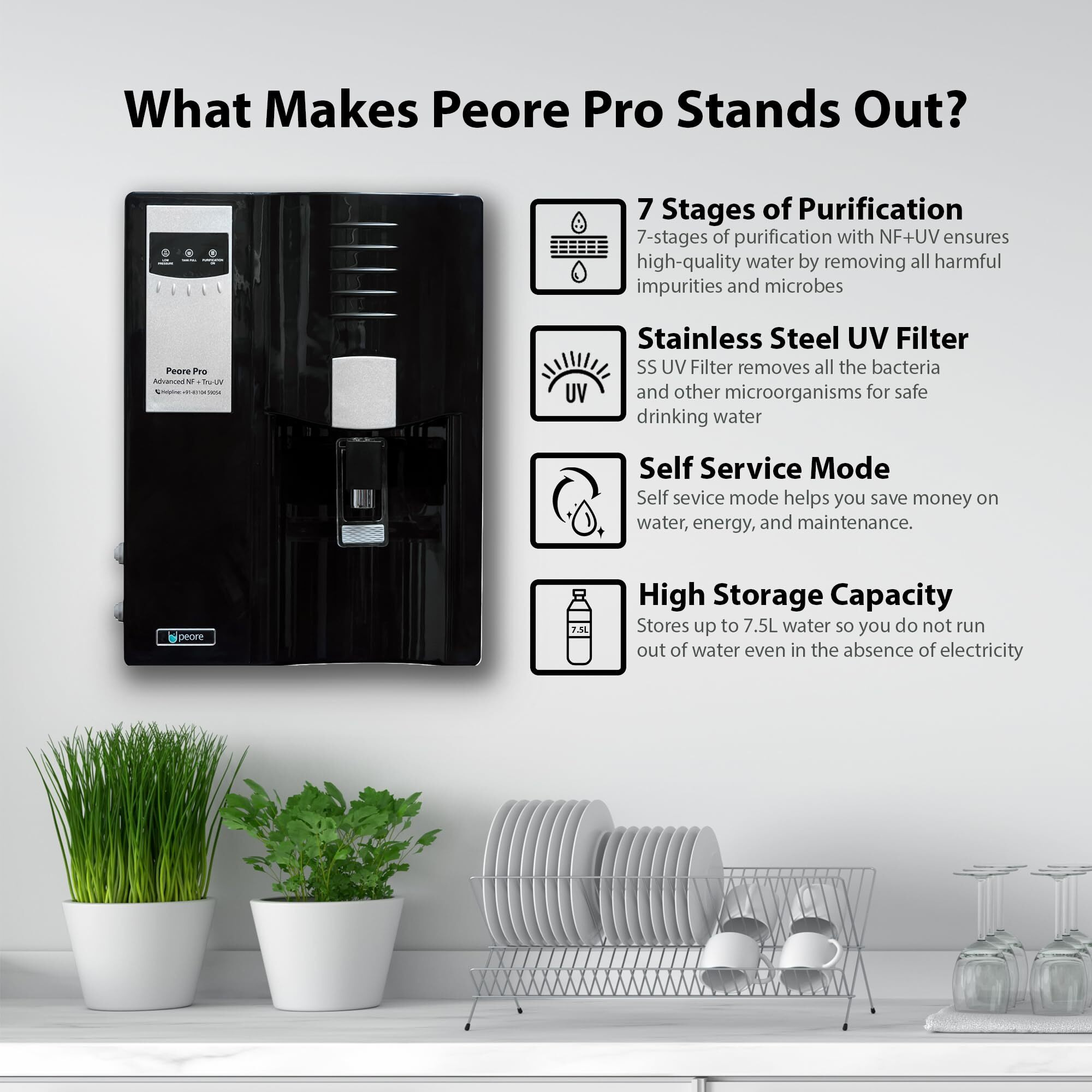 Peore Pro Plus-40 NF + UV Water Purifier | Retains Healthy Minerals and Saves Water | NanoFiltration Better than RO | Self Service Mode | Black (For TDS 200 to 350)