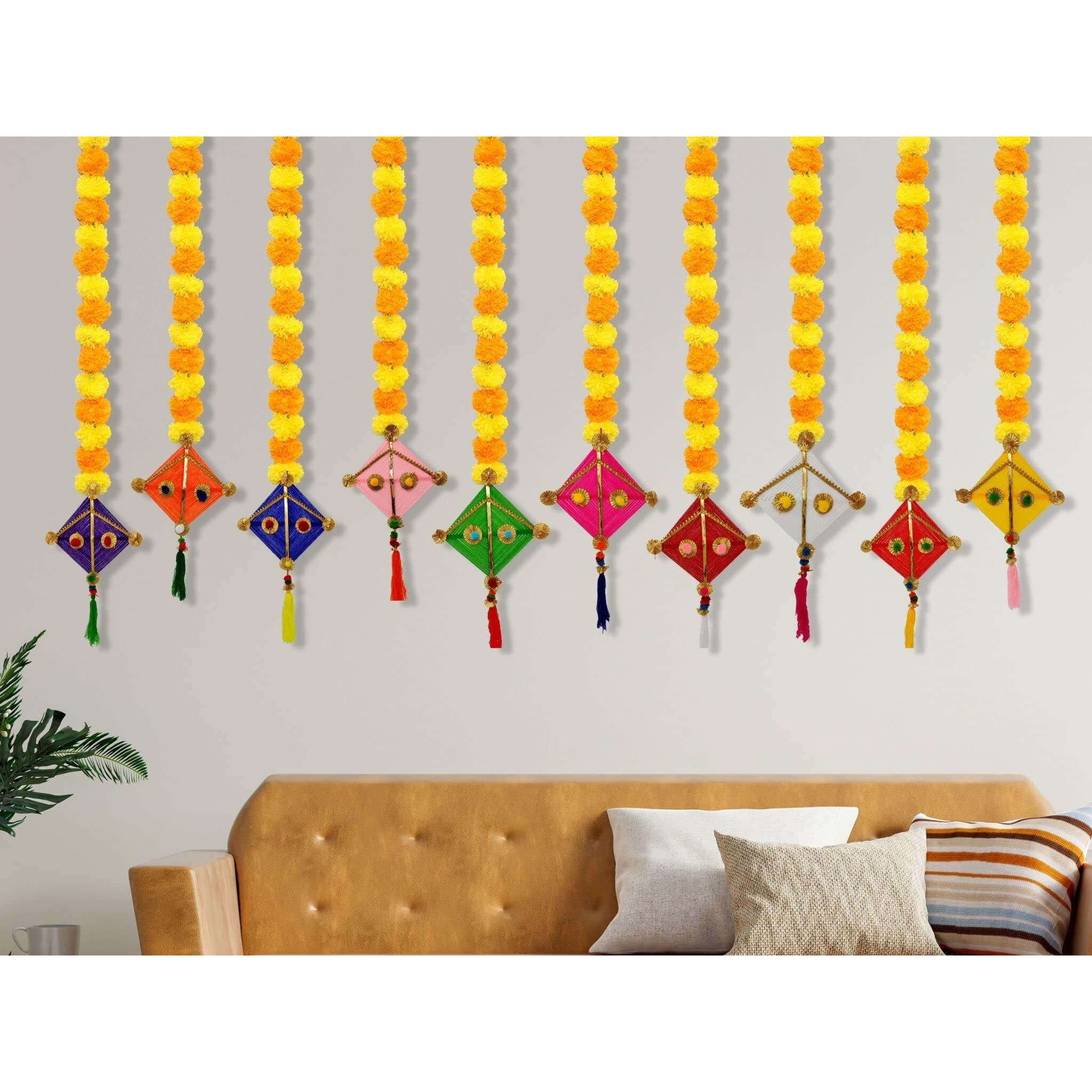 JH Gallery Handmade Artificial Marigold Fluffy Flowers Colorful Woolen Kite Hanging (42 Inches Height Approx.) (10)