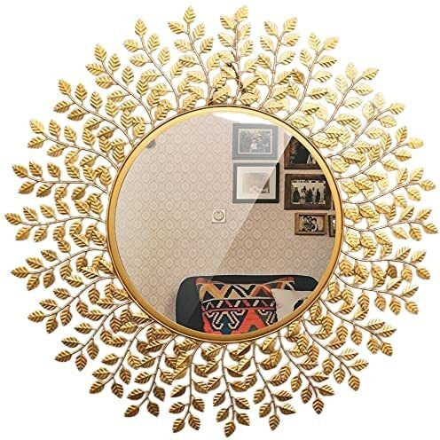 Furnish Craft Beautiful Leaf Stainless Steel Large Round Wall Mirror (32 X 32 Inch, Golden)(Framed)