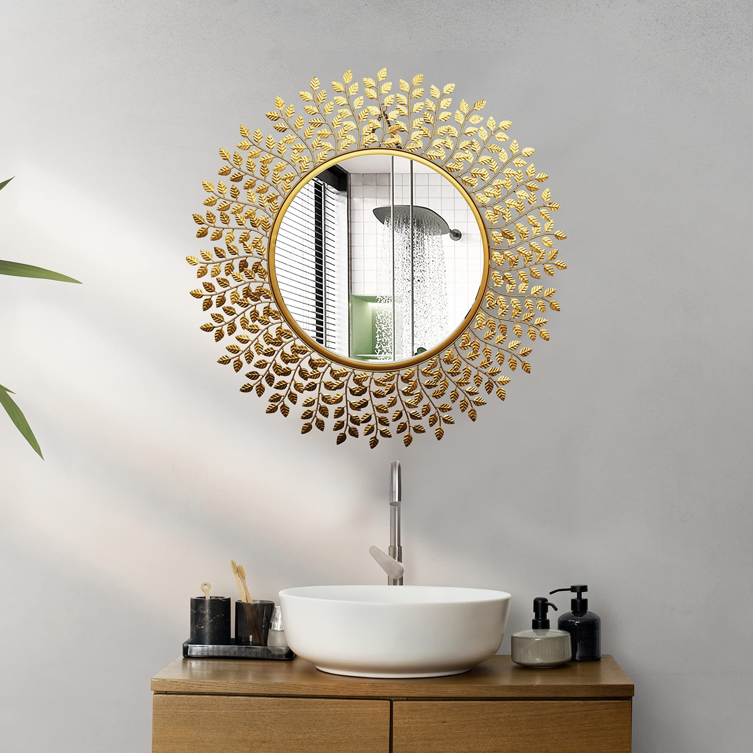 Furnish Craft Beautiful Leaf Stainless Steel Large Round Wall Mirror (32 X 32 Inch, Golden)(Framed)