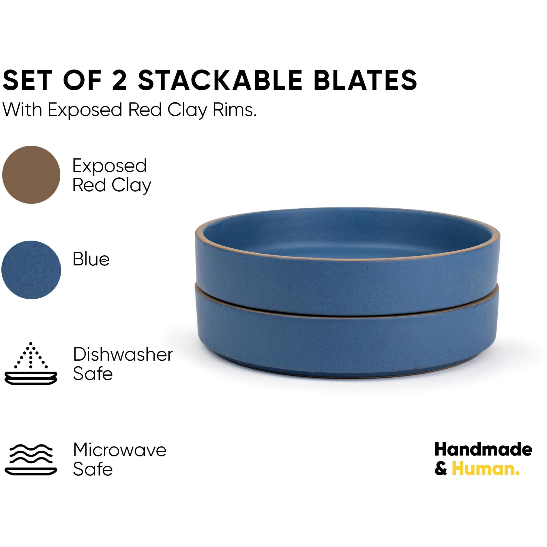Shay Stackable Ceramic Pasta Bowl Set, 22cm, 2 Pieces, Blue | Matte Finish | Ceramic Pasta Plate | Deep Plate | Ceramic Bowl | Pasta Serving Plate (Stackable Pasta Plate - Blue Rim)