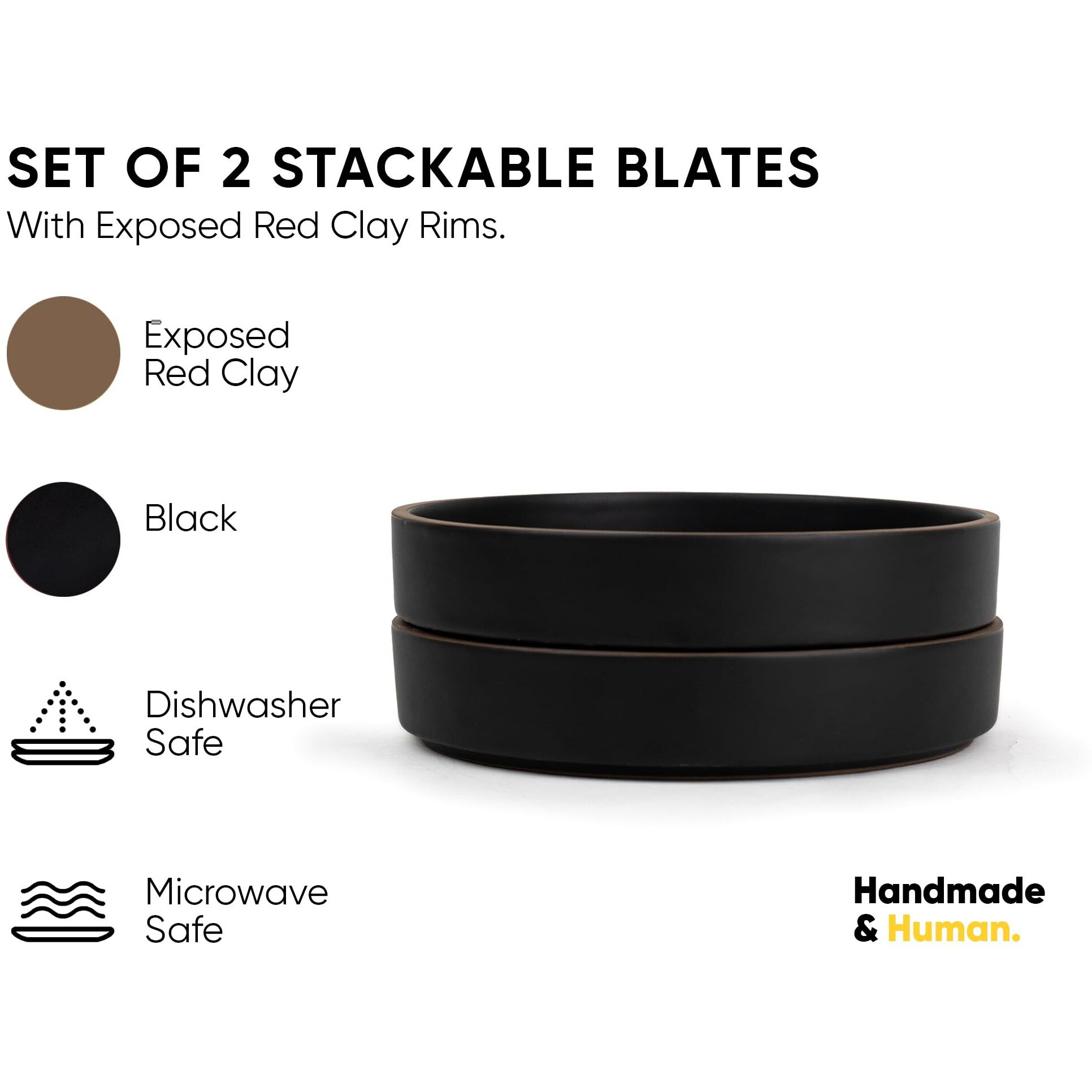 Shay Stackable Ceramic Pasta Bowl Set, 22cm, 2 Pieces, Black | Matte Finish | Ceramic Pasta Plate | Deep Plate | Ceramic Bowl | Pasta Serving Plate (Stackable Pasta Plate - Black Rim)