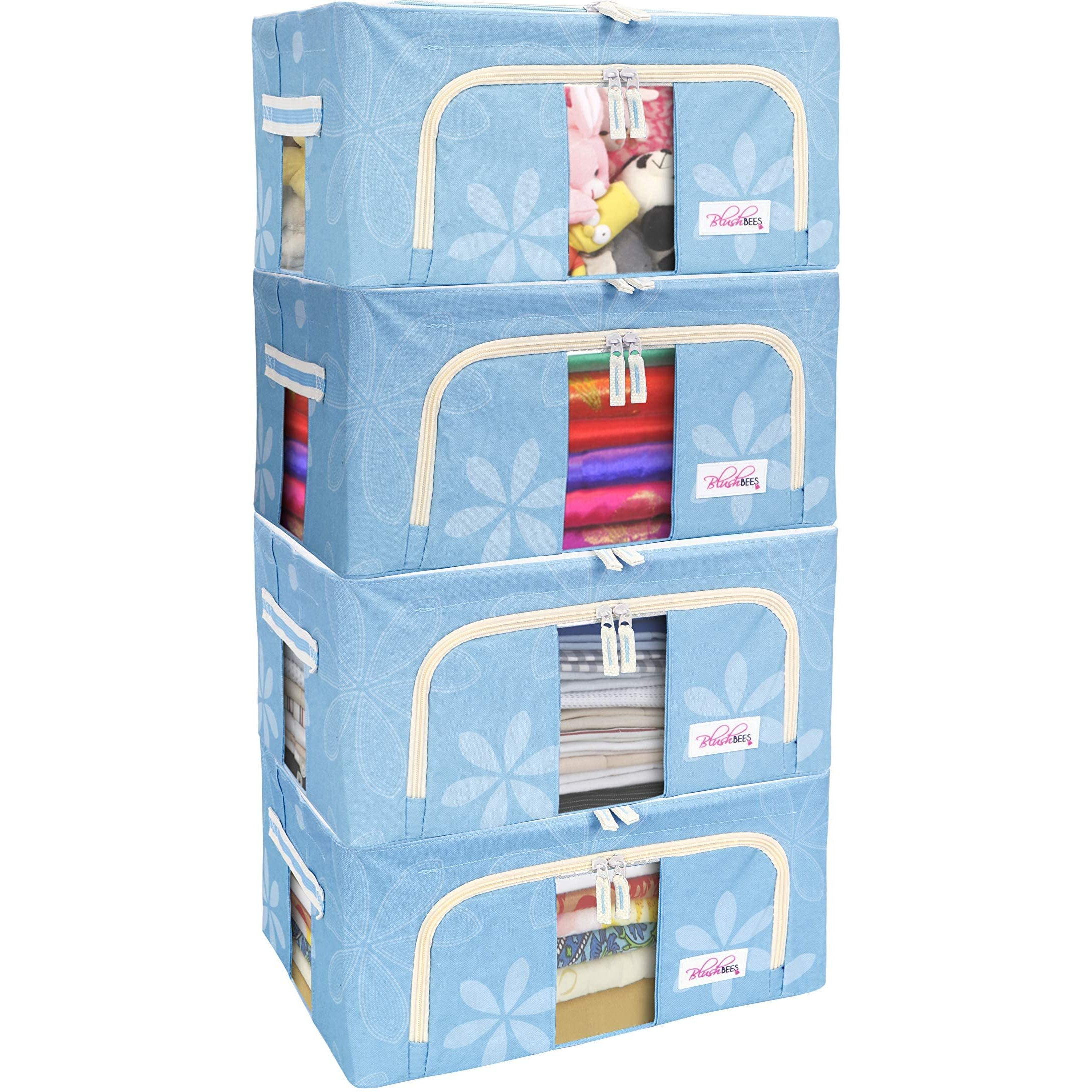 BlushBees Oxford Fabric Living Box - Storage Boxes For Clothes, Shirts, Saree Cover - 24 Litre, Pack of 4, Blue