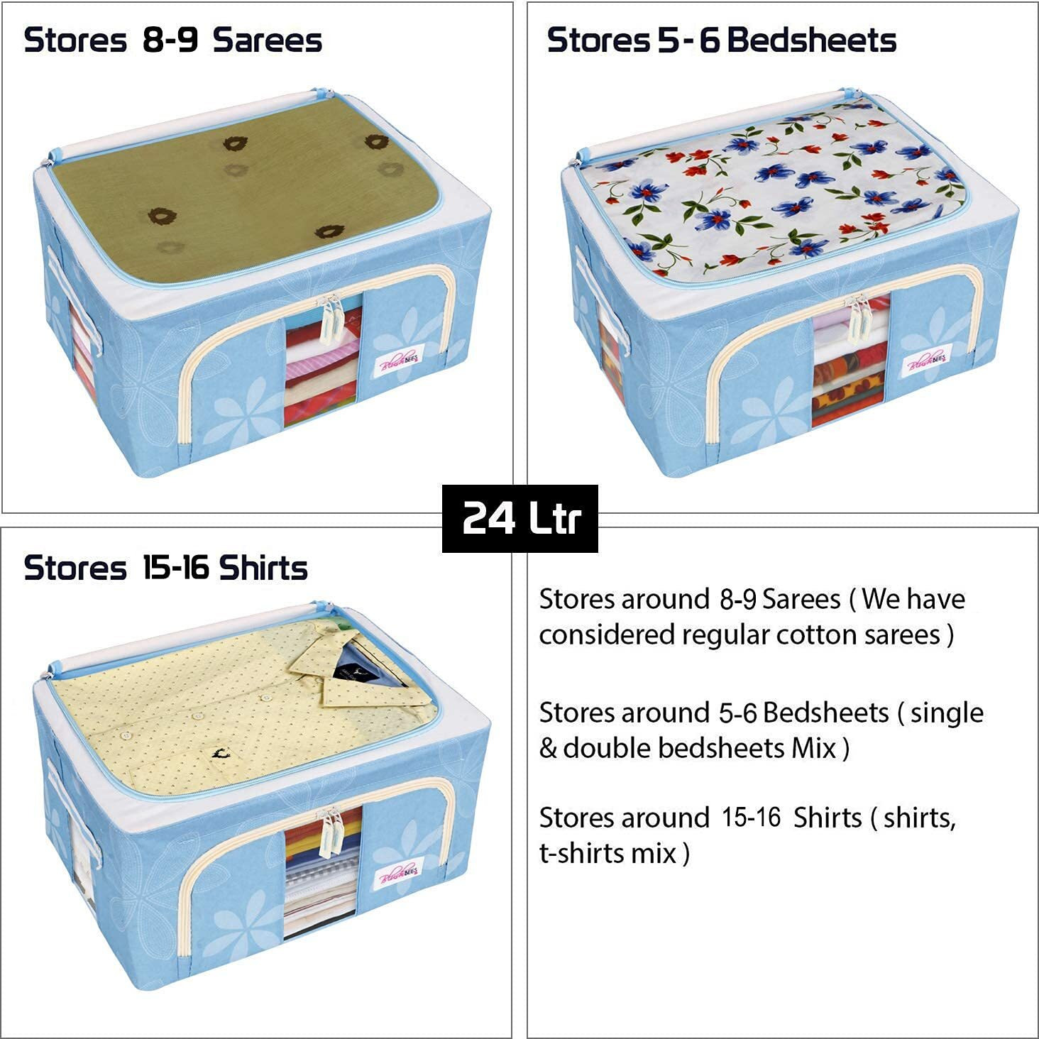 BlushBees Oxford Fabric Living Box - Storage Boxes For Clothes, Shirts, Saree Cover - 24 Litre, Pack of 4, Blue