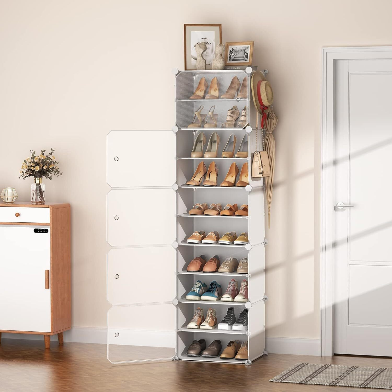 PESOMA DIY Portable Shoe Rack Organizer/Multi-Purpose Shelf Storage Cabinet Stand Expandable for Heels, Boots, Slippers Plastic Portable and Folding Shoe Rack (White)