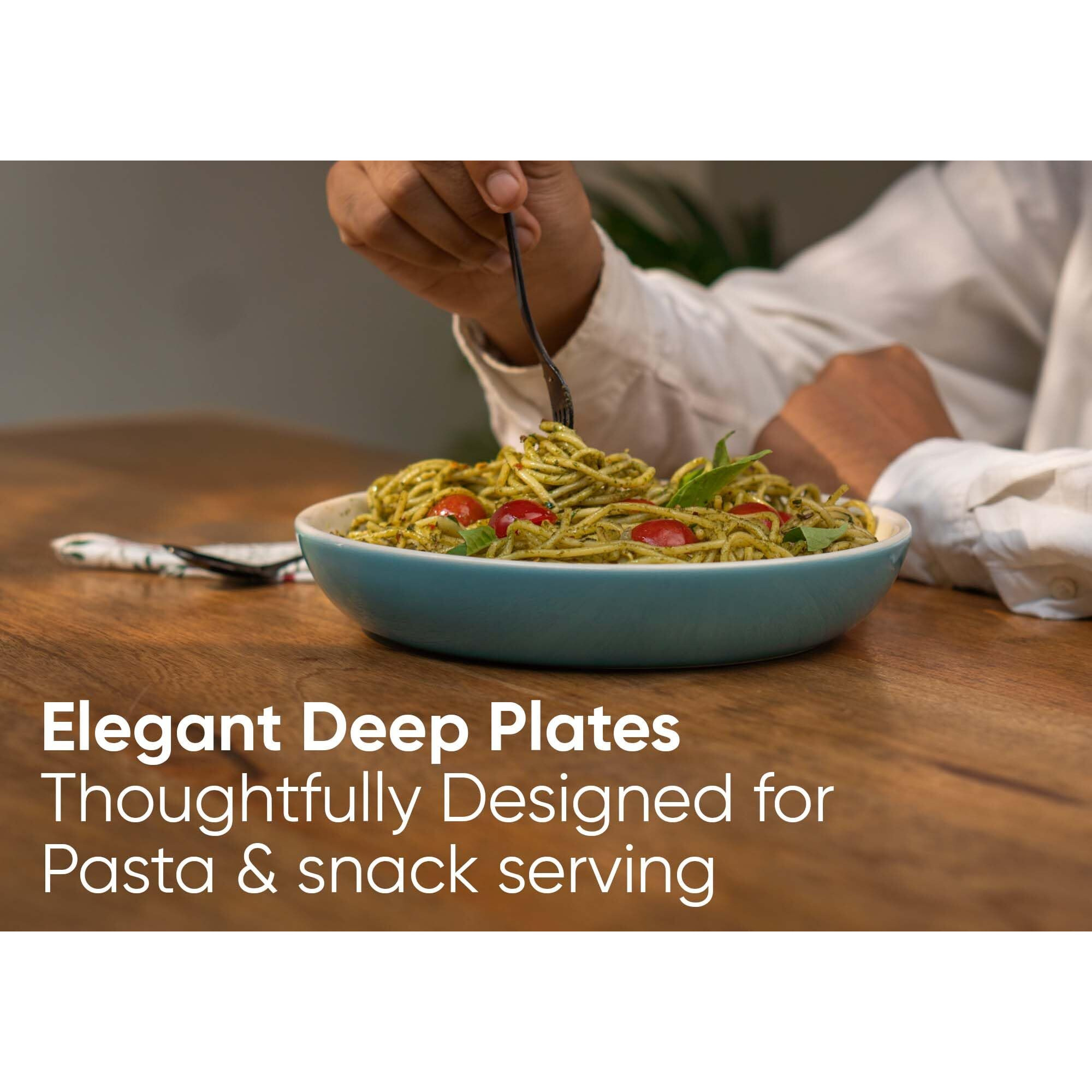 Shay Ceramic Pasta Bowl Set, 22Cm, 2 Pieces, Blue Outside|Glossy Finish|Stoneware Ceramic Serving Bowls|Pasta Plate|Deep Plate|Ceramic Bowl|Pasta Serving Plate (Pasta Plate - Blue) - 300 Ml