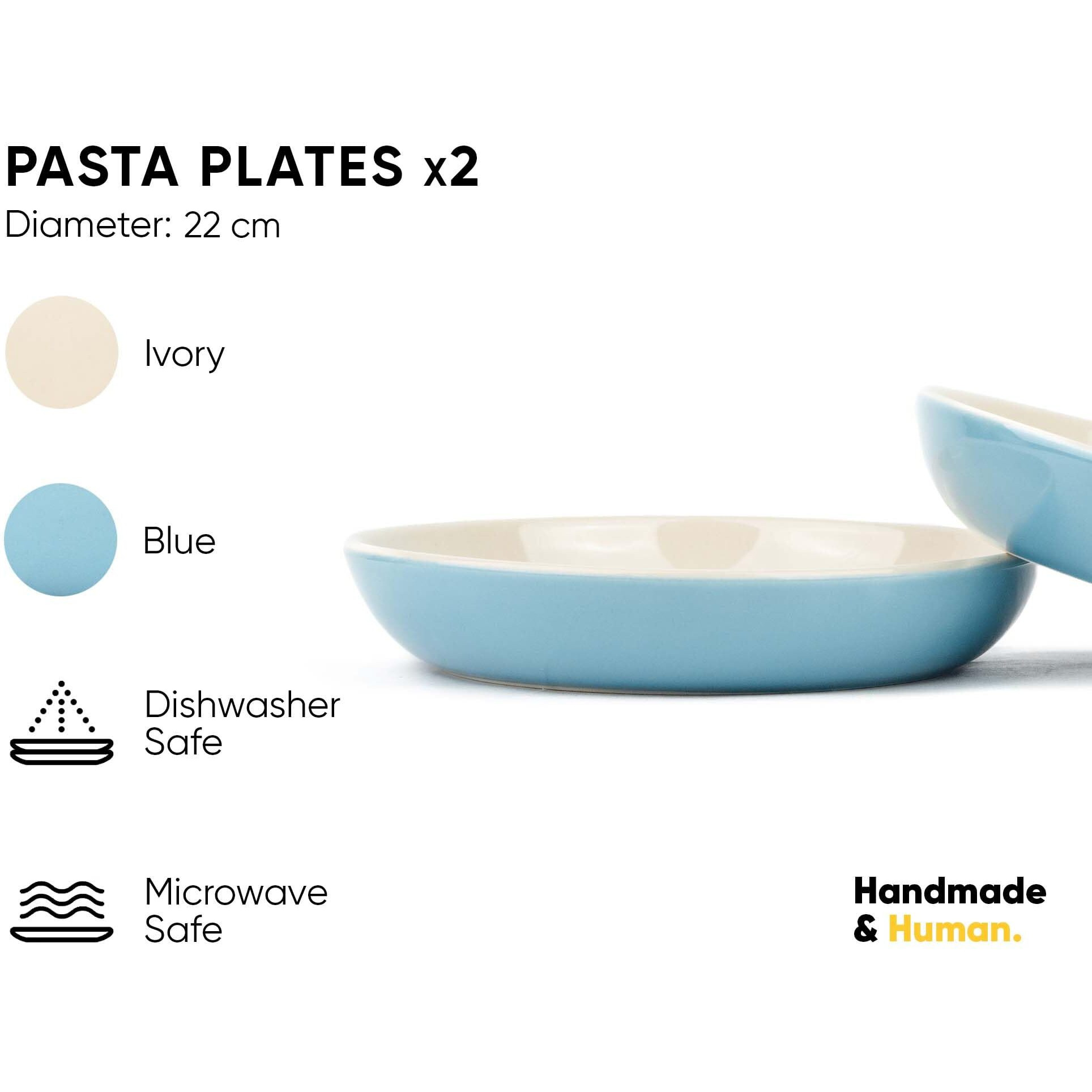 Shay Ceramic Pasta Bowl Set, 22Cm, 2 Pieces, Blue Outside|Glossy Finish|Stoneware Ceramic Serving Bowls|Pasta Plate|Deep Plate|Ceramic Bowl|Pasta Serving Plate (Pasta Plate - Blue) - 300 Ml