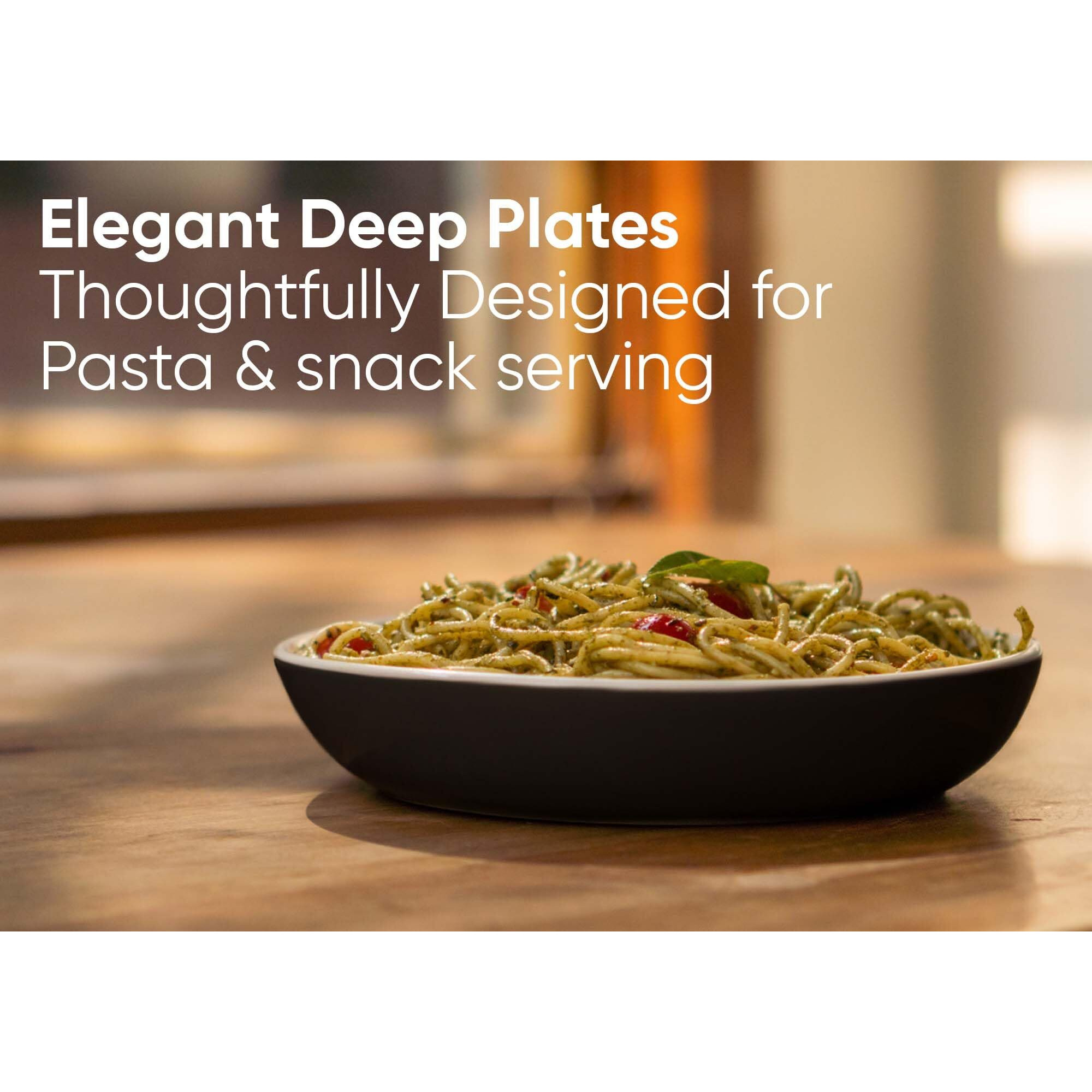 Shay Ceramic Pasta Bowl Set, 22Cm, 2 Pc S, Black Outside|Glossy Finish|Stoneware Ceramic Serving Bowls|Pasta Plate|Deep Plate|Ceramic Bowl|Pasta Serving Plate (Pasta Plate - Black) - 300 Ml