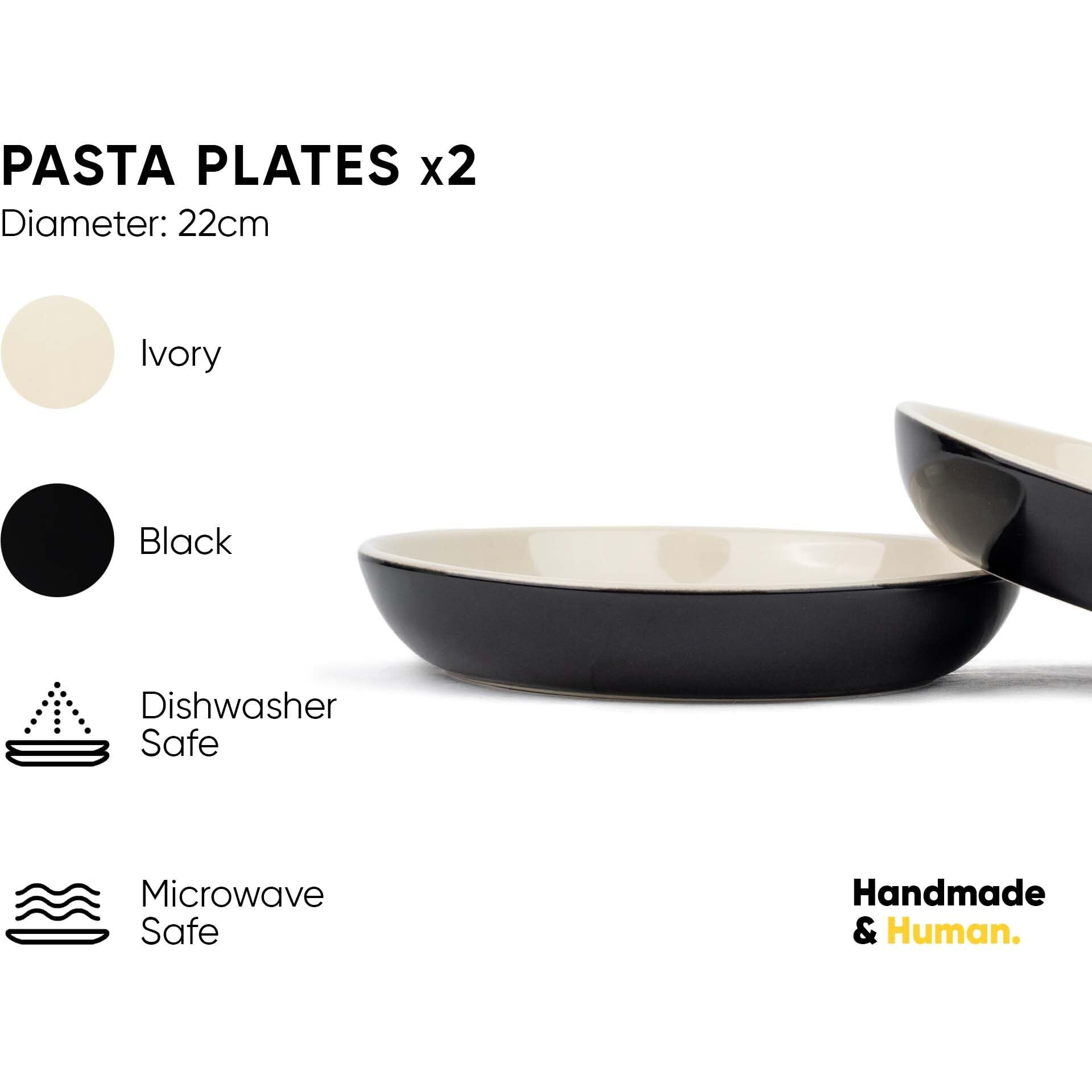 Shay Ceramic Pasta Bowl Set, 22Cm, 2 Pc S, Black Outside|Glossy Finish|Stoneware Ceramic Serving Bowls|Pasta Plate|Deep Plate|Ceramic Bowl|Pasta Serving Plate (Pasta Plate - Black) - 300 Ml