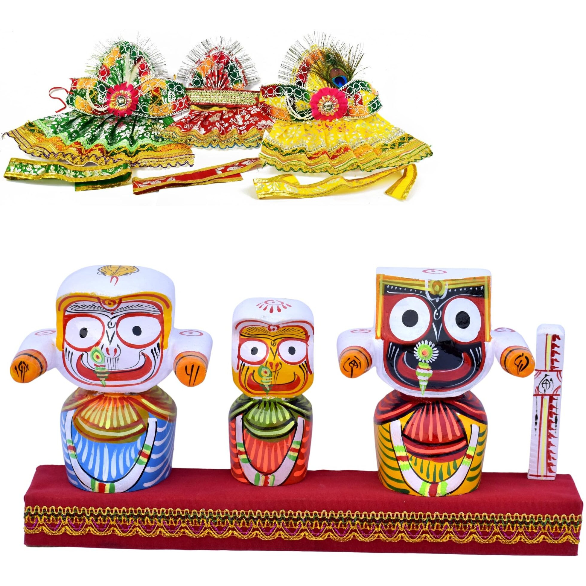 RealCraft INSPIRING LIFES Lord Jagannath,Balabhadra,Subhadra and Sudarshan 6Inch Idol in Wooden Stand,with Dress Set(Pack of 1, Multicolor)