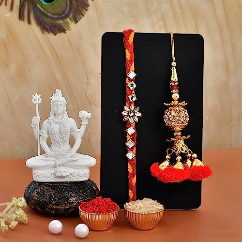CraftVatika Rakhi for brother with shiv shiva idol Showpiece-Rakhi Gift for brother bhaiya Bhabhi-Combo of 5 ( 1 Shiva idol, 2 Rakhi, Roli tikka, Greeting card)