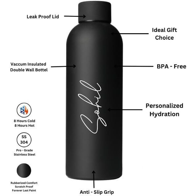 COURAGE BE THE CHANGE Personalized Name Stainless Steel Water Bottle - 500ml, Hot & Cold|Water Bottle for Office Kids Home College School Gym Color (Black)