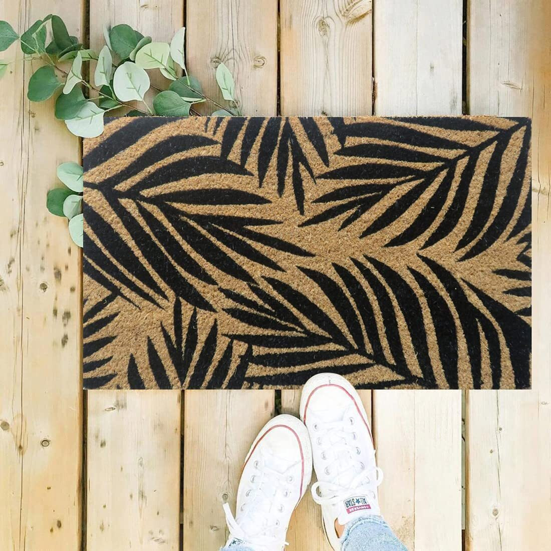 ATMAH Black Leaves Coir Doormat 35cm X 60cm