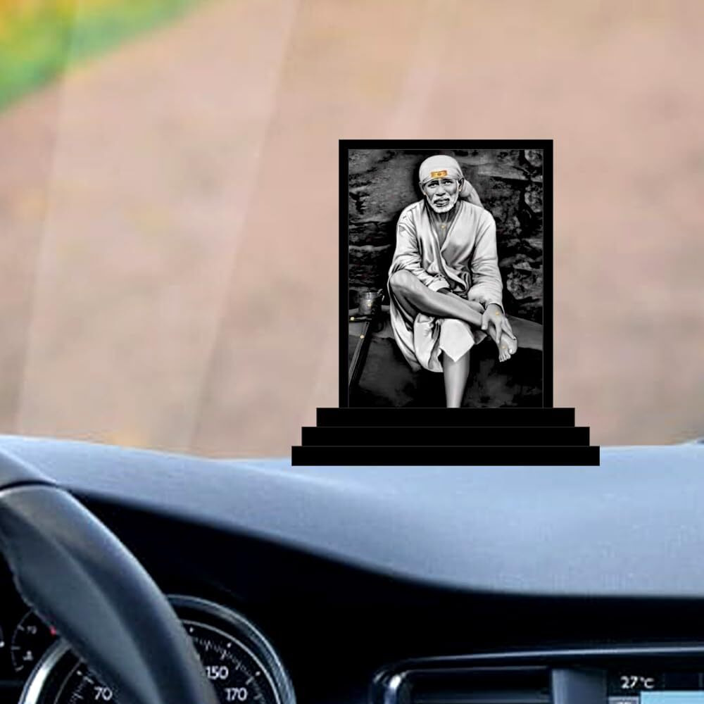 Vprint Quality Car Dashboard Idols Saibaba Wooden Idols Small Sai Baba Statues for Puja Traditional Sai Baba Figurines for Home Decor Murti for Religious Festivals (Multicolor - Size 3x5 in)