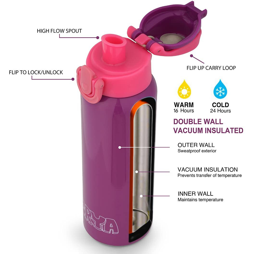 CRYA Zenith Stainless Steel Water Bottle for Hot and Cold Beverages for Upto 24 Hours, BPA Free and Leakproof Thermosteel Double Walled Insulated Vacuum Thermos Flask (600 ML, Galaxy Purple)