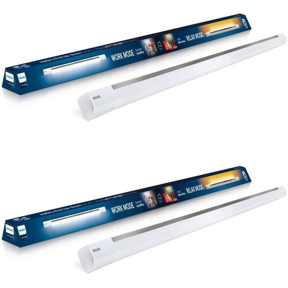 PHILIPS Twinglow 20-Watt +20-Watt Led Up-Down Batten Tubelight (Yellow Uplight - Relax Mode And White Downlight- Work Mode), Pack Of 2 - Polycarbonate (Pc)