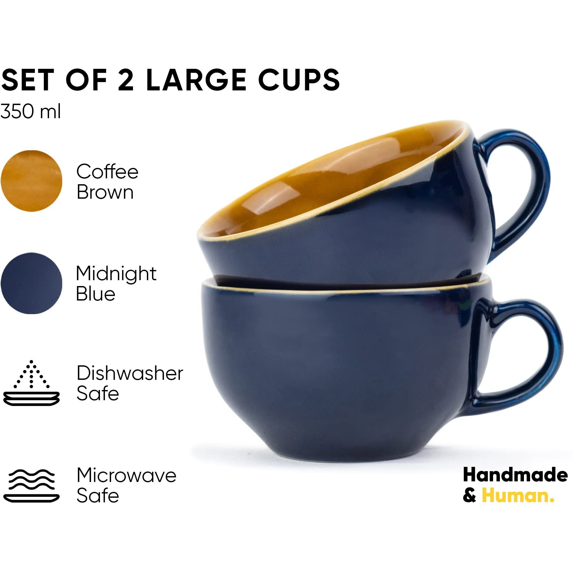 Shay Large Ceramic Coffee Cup Set of 2, Midnight Blue, 350ml | Cappuccino Cup | Glossy Finish | Large Ceramic Coffee Cup | Premium Stoneware Coffee Cup | Microwave Safe (XL Cuppa - Midnight Blue)