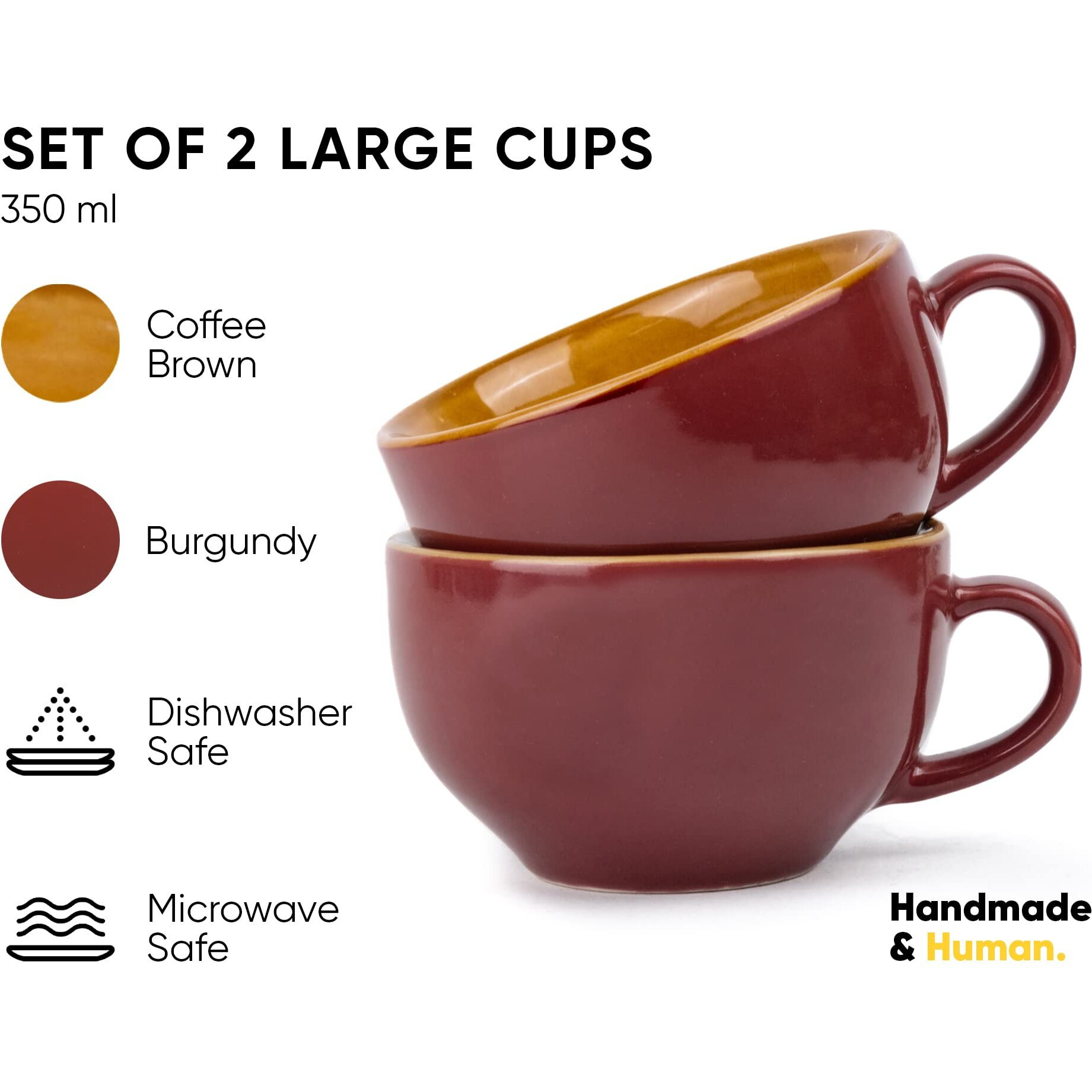Shay Large Ceramic Coffee Cup Set of 2, Burgundy, 350ml | Cappuccino Cup | Glossy Finish | Large Ceramic Coffee Cup | Premium Stoneware Coffee Cup | Microwave Safe (XL Cuppa - Burgundy)
