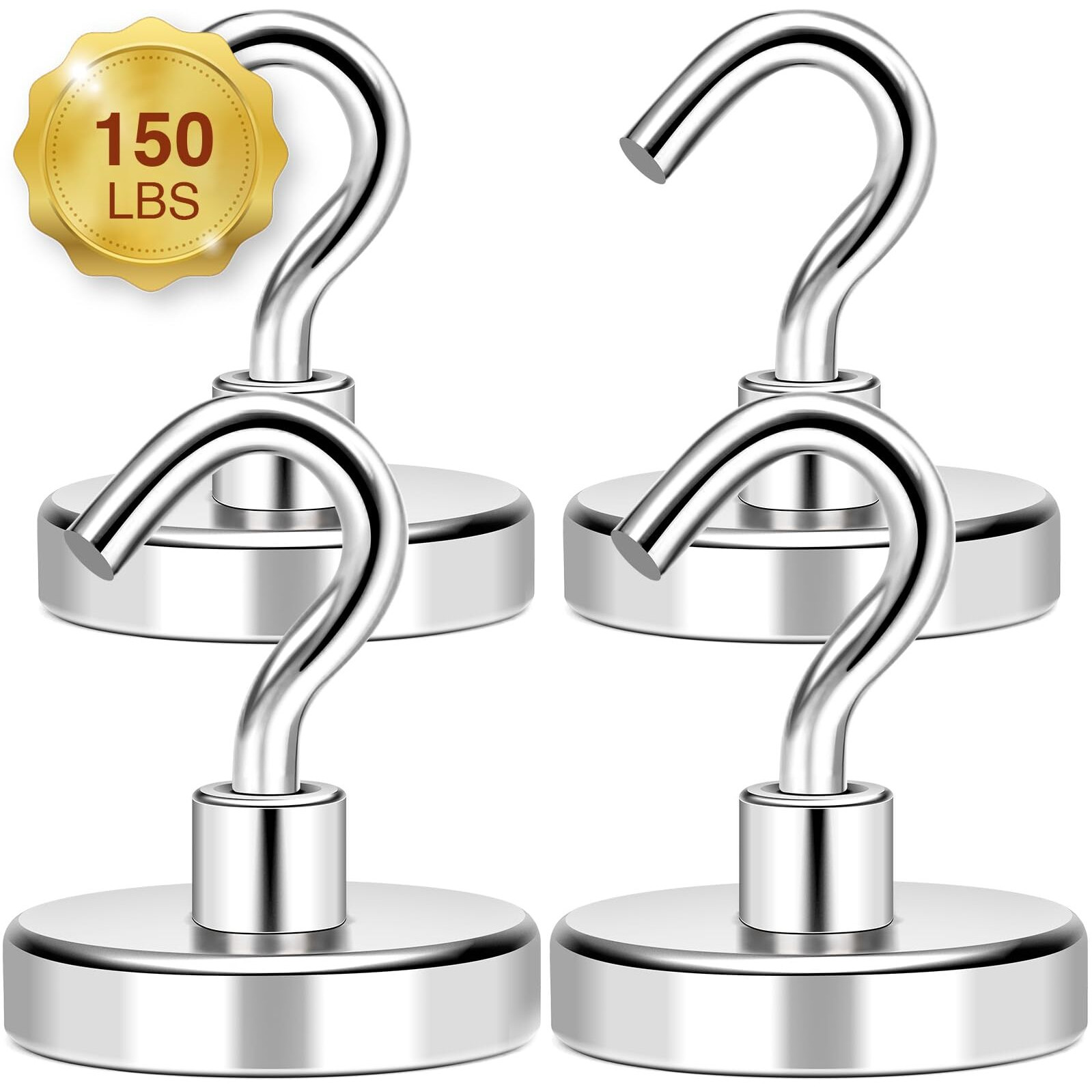 Mikede Magnetic Hooks Heavy Duty,150Lbs+ Super Strong Magnetic Hooks For Cruise Essentials,Neodymium Earth Magnets With Hook For Hanging,Magnetic Metal Hanger For Fridge,Toolbox,Storage,4 Pack-Silver