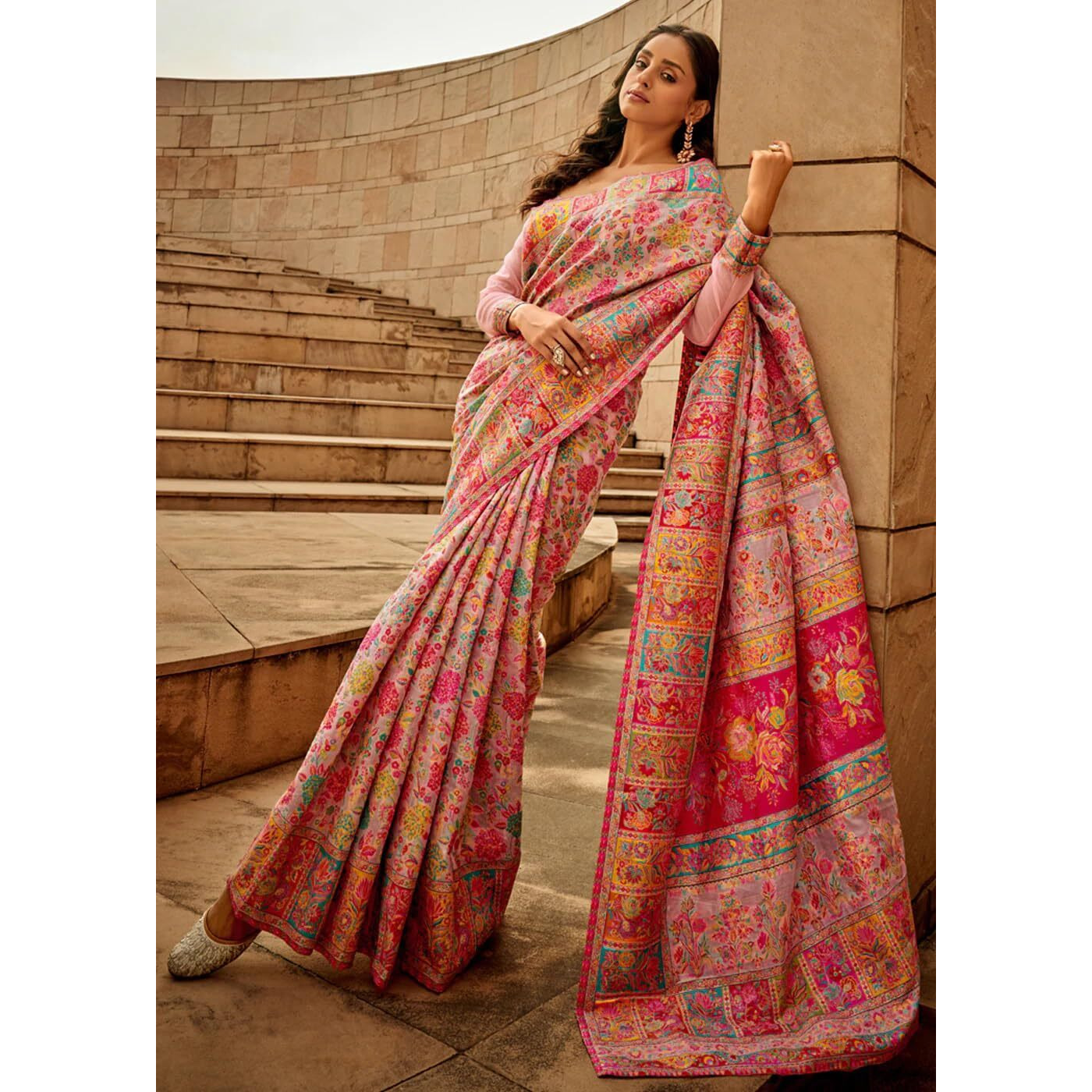 AKHILAM Womens Cotton Silk Botanical Woven Design Saree With Unstitched Blouse Piece (Pink_KSHMRI1003_RJ)