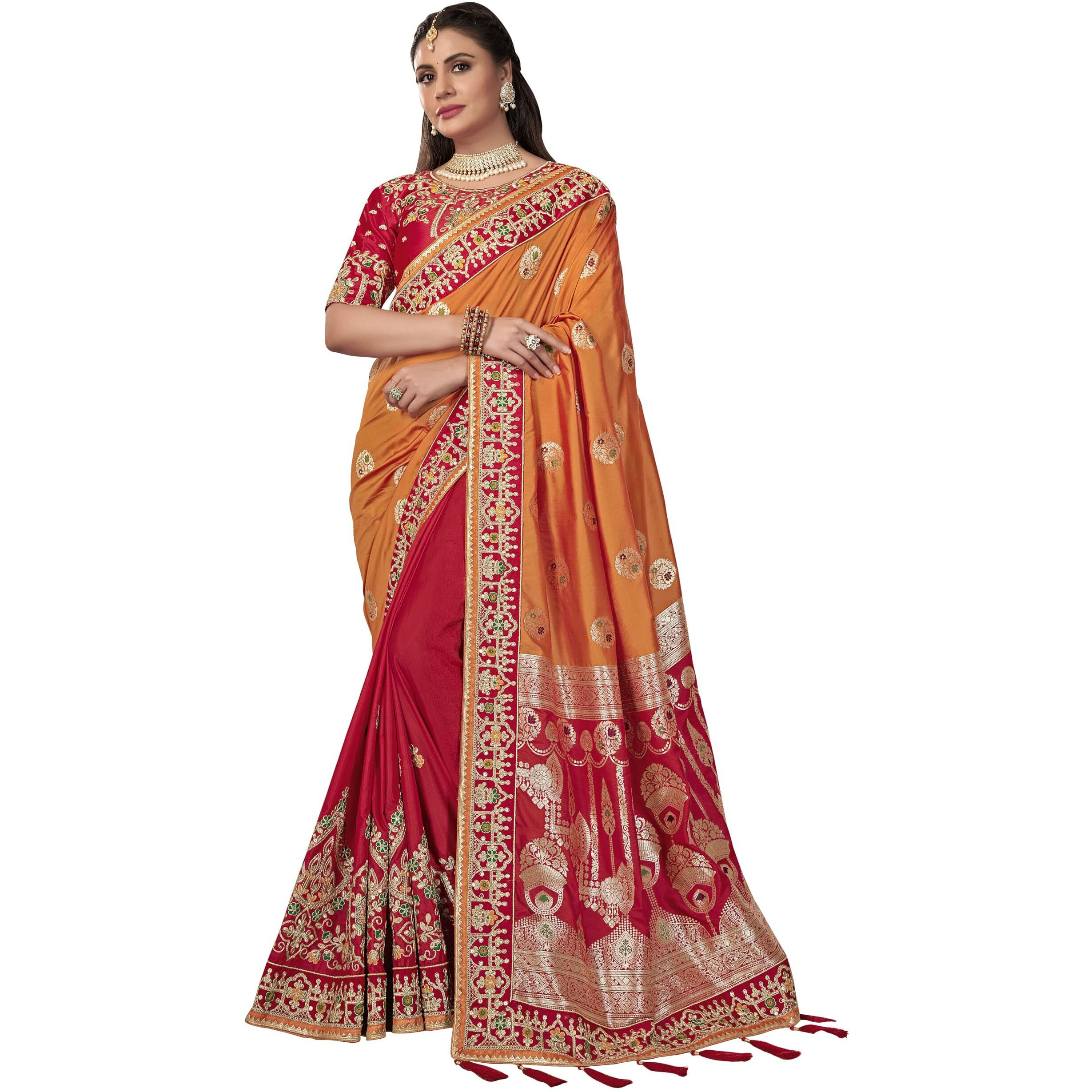 MANOHARI Women Banarasi Silk Woven Saree With Heavy Embroidery Blouse Piece_Mn1873, Mustard