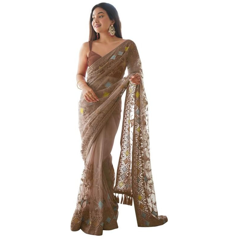 SAREE MALL Womens Net Embroidered Embellished Saree With Unstitched Blouse Piece(Brown_AAVYA702_SM)