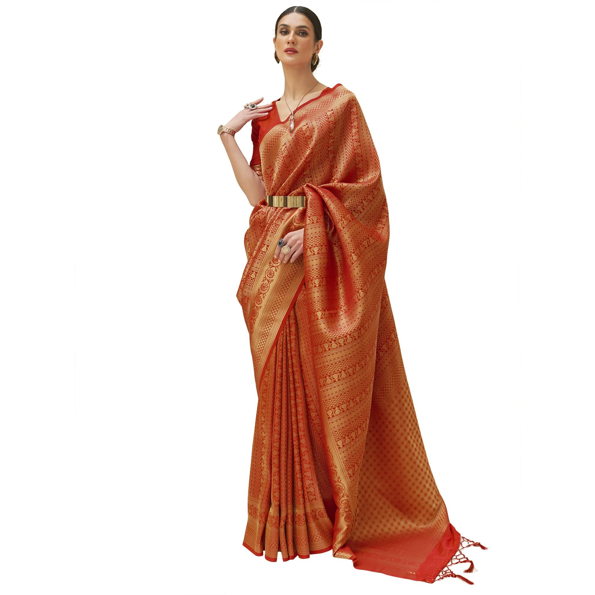 AKHILAM Womens Kanjeevaram Silk Embroidered Woven Zari Work saree With Unstitched Blouse Piece (Red_KSHF235001)