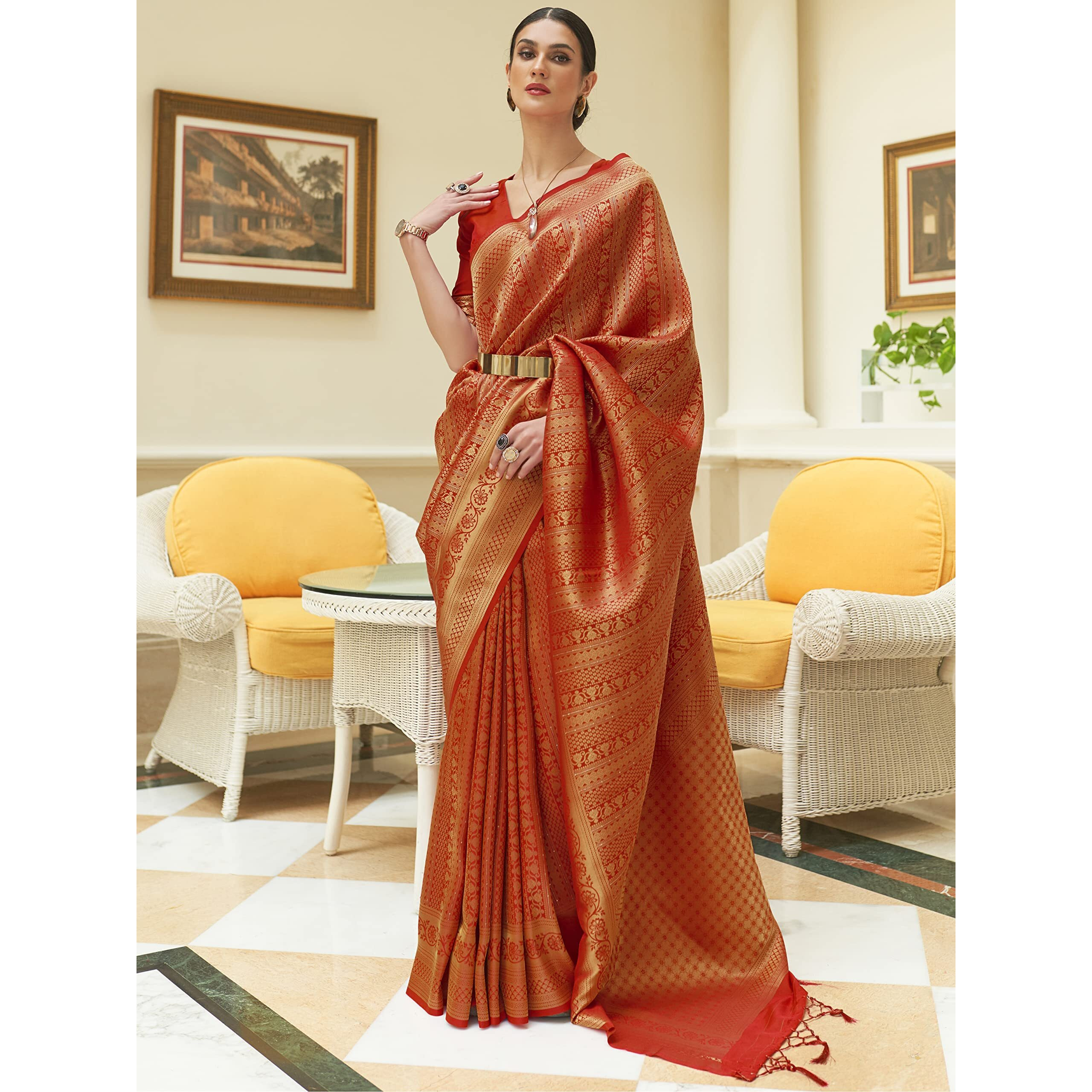 AKHILAM Womens Kanjeevaram Silk Embroidered Woven Zari Work saree With Unstitched Blouse Piece (Red_KSHF235001)