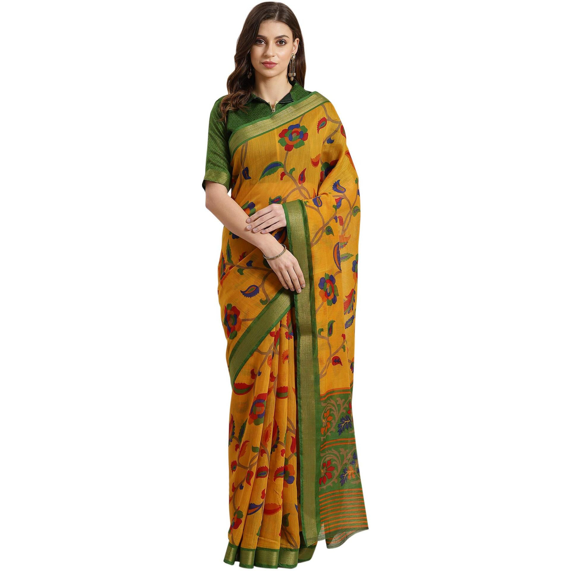 AKHILAM Womens Cotton Silk Printed Saree with Unstitched Blouse Piece(Mustard_RTVK8604)