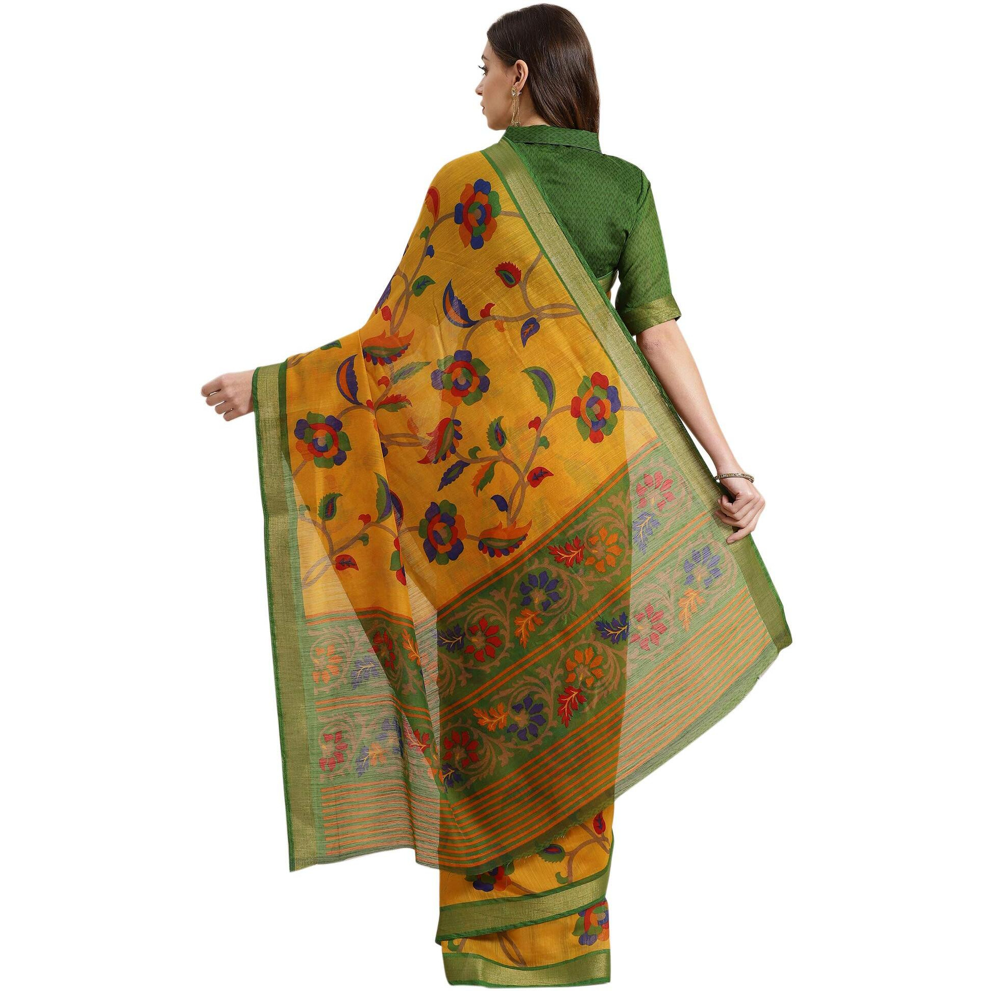AKHILAM Womens Cotton Silk Printed Saree with Unstitched Blouse Piece(Mustard_RTVK8604)