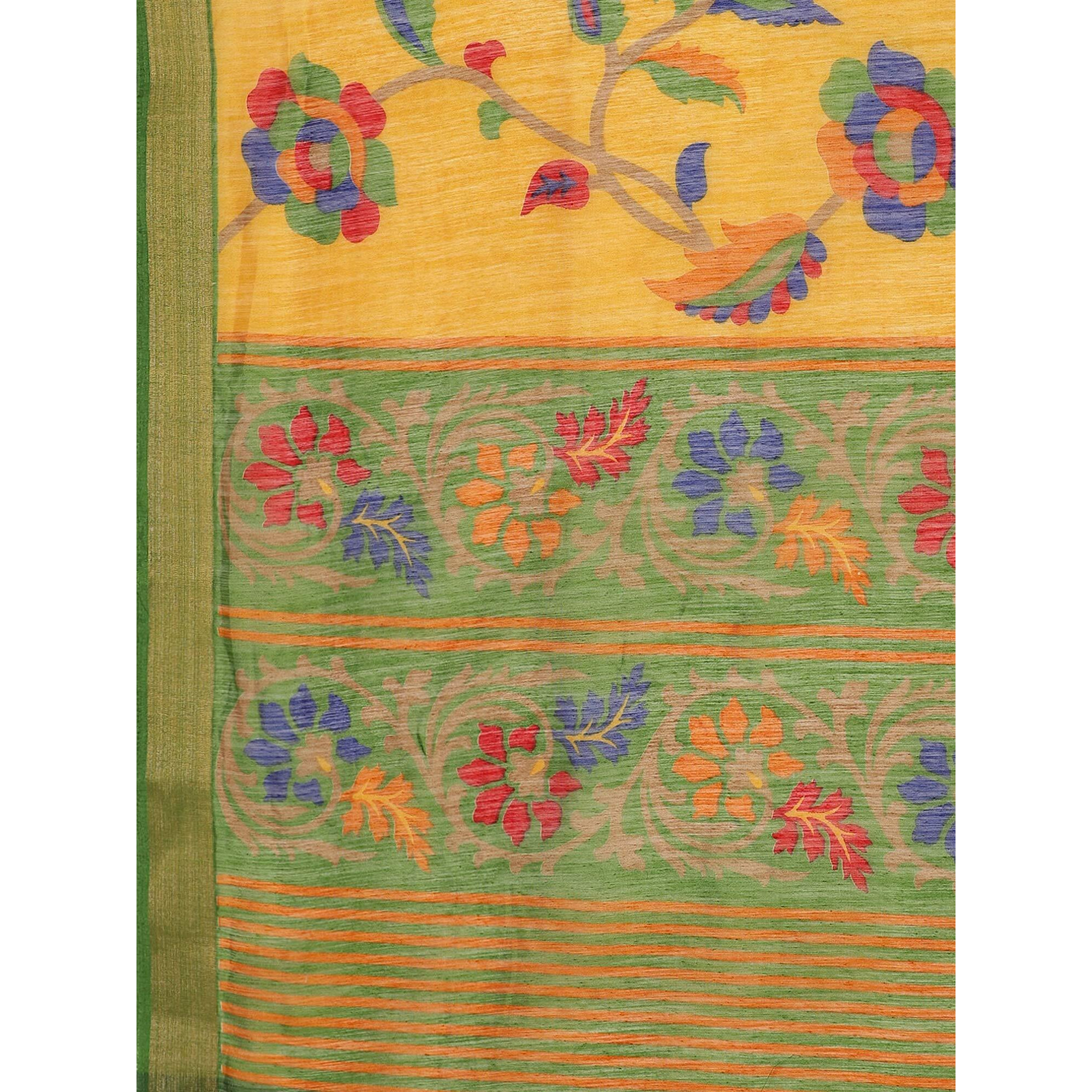 AKHILAM Womens Cotton Silk Printed Saree with Unstitched Blouse Piece(Mustard_RTVK8604)