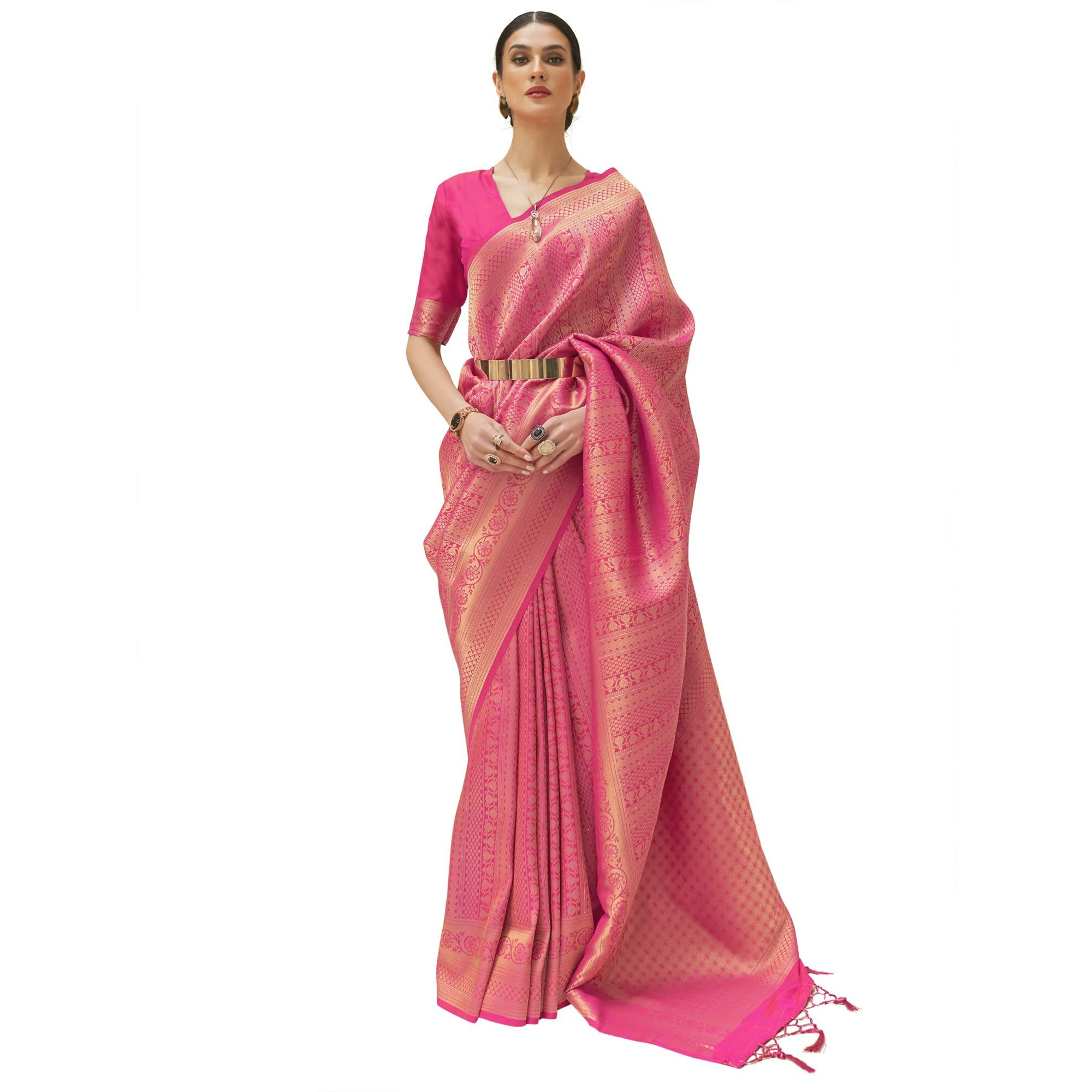 AKHILAM Womens Kanjeevaram Silk Embroidered Woven Zari Work saree With Unstitched Blouse Piece (Pink_KSHF235005)